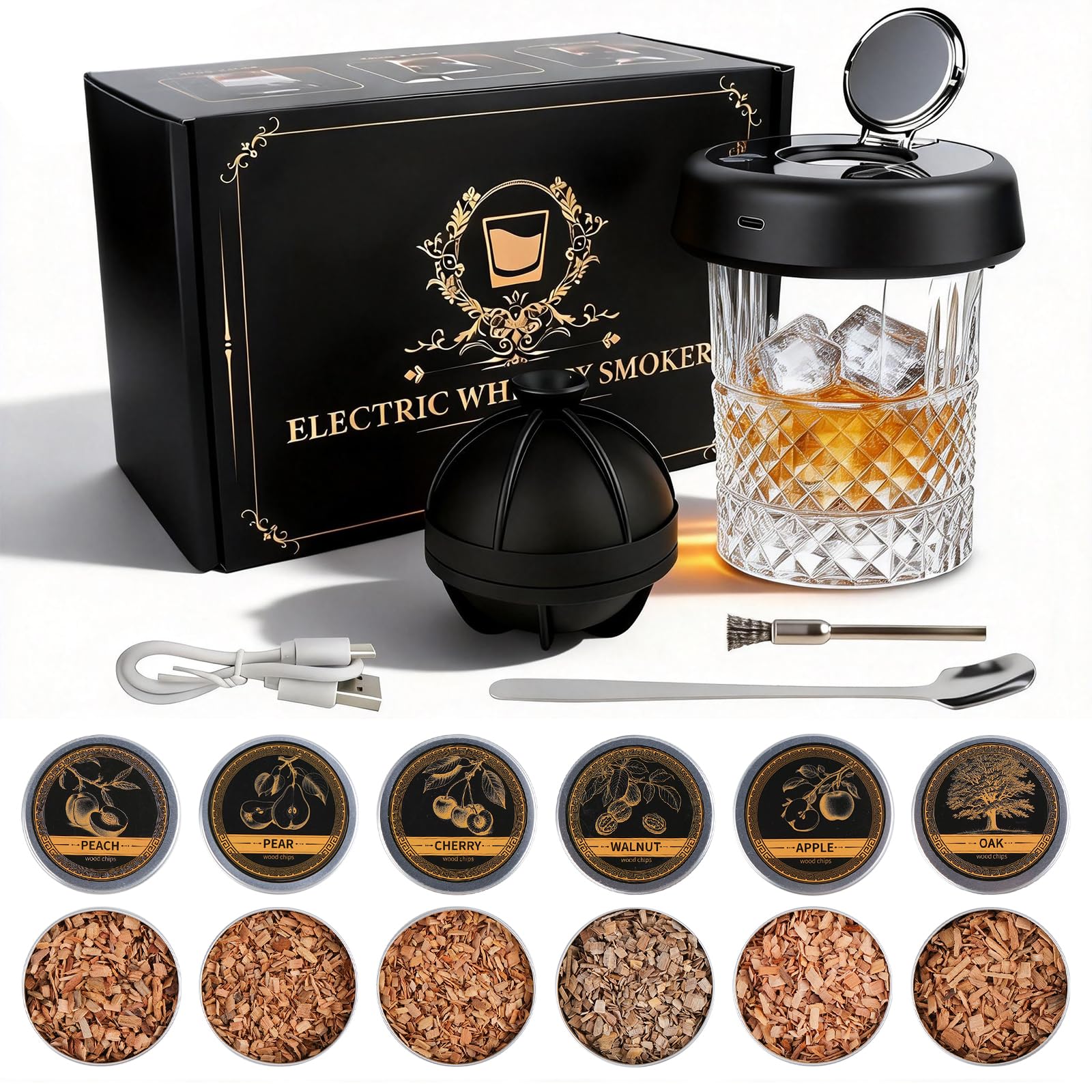 Zestaw do wędzenia whisky, elektryczny zestaw do wędzenia koktajli z 6 aromatami drewna, światło RGB, zestaw prezentowy do whisky, napojów, kawy, prezenty do whisky dla mężczyzn, prezent urodzinowy