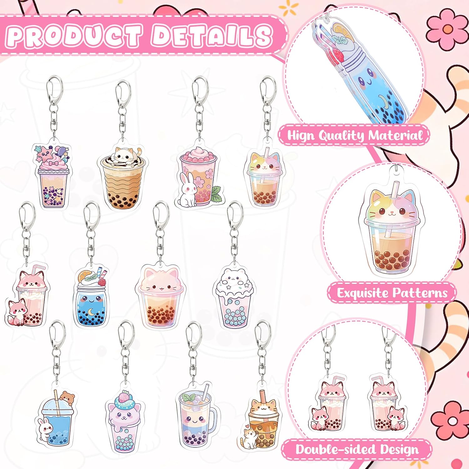 24Pcs Boba Tea Keychains Kawaii Animal Acrylic Keyrings Cute Bubble Milk Tea Keychain Drink Charms Pendant for Women Kids Wallet Backpack Classroom Prizes Back to School Birthday Gifts, 12 Designs