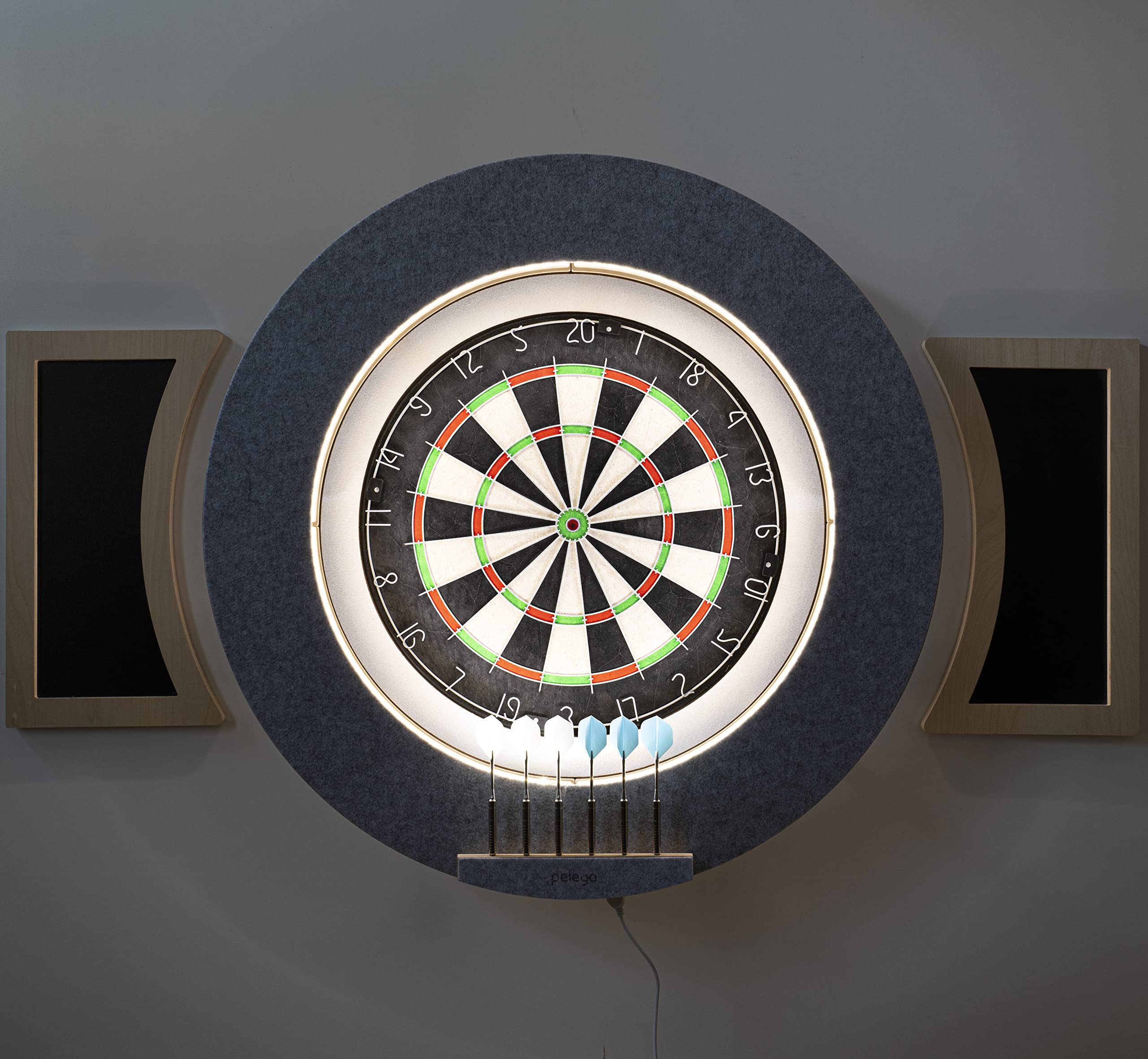 peleya Dart Board Cabinet Set with LED Light; Bristle Dartboard, Built in LED Light, Darts and Chalkboards