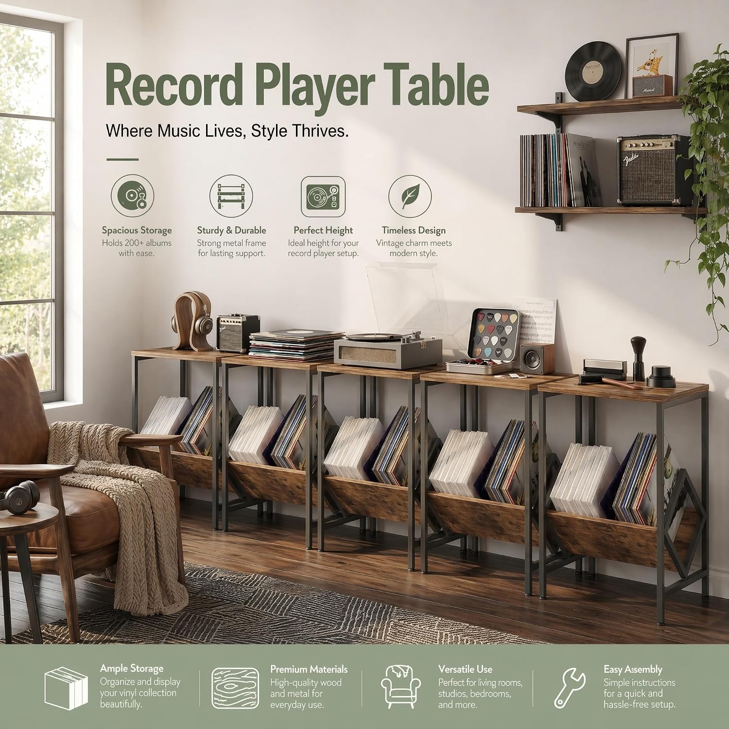 Record Player Stand with Vinyl Album Storage for Home