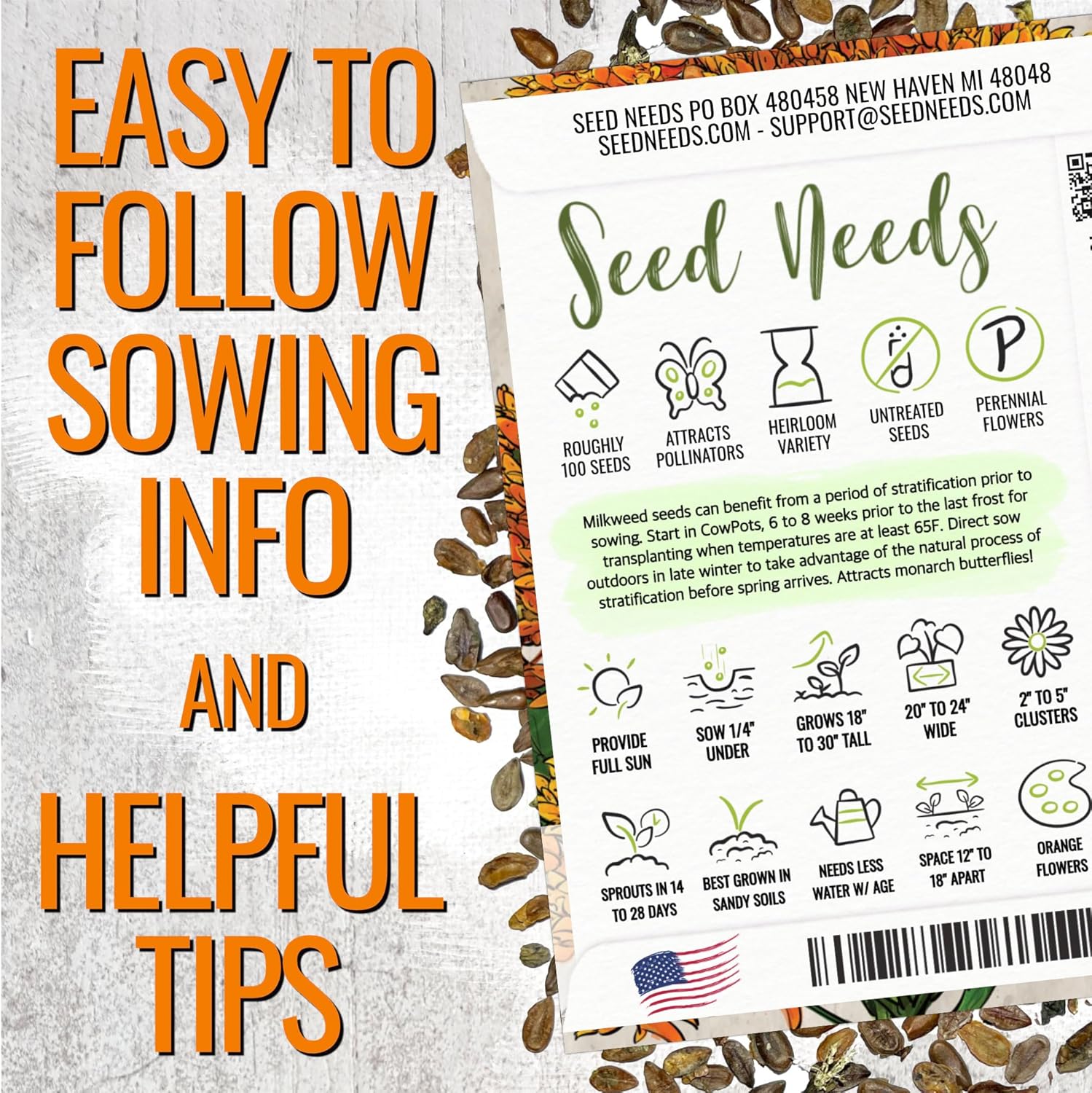 Seed Needs Milkweed Seeds to Plant a Butterfly Garden for Attracting Monarch Butterflies - Collection of Pink, Orange & White Asclepias Milk Weed Variety Pack (5 Packs)