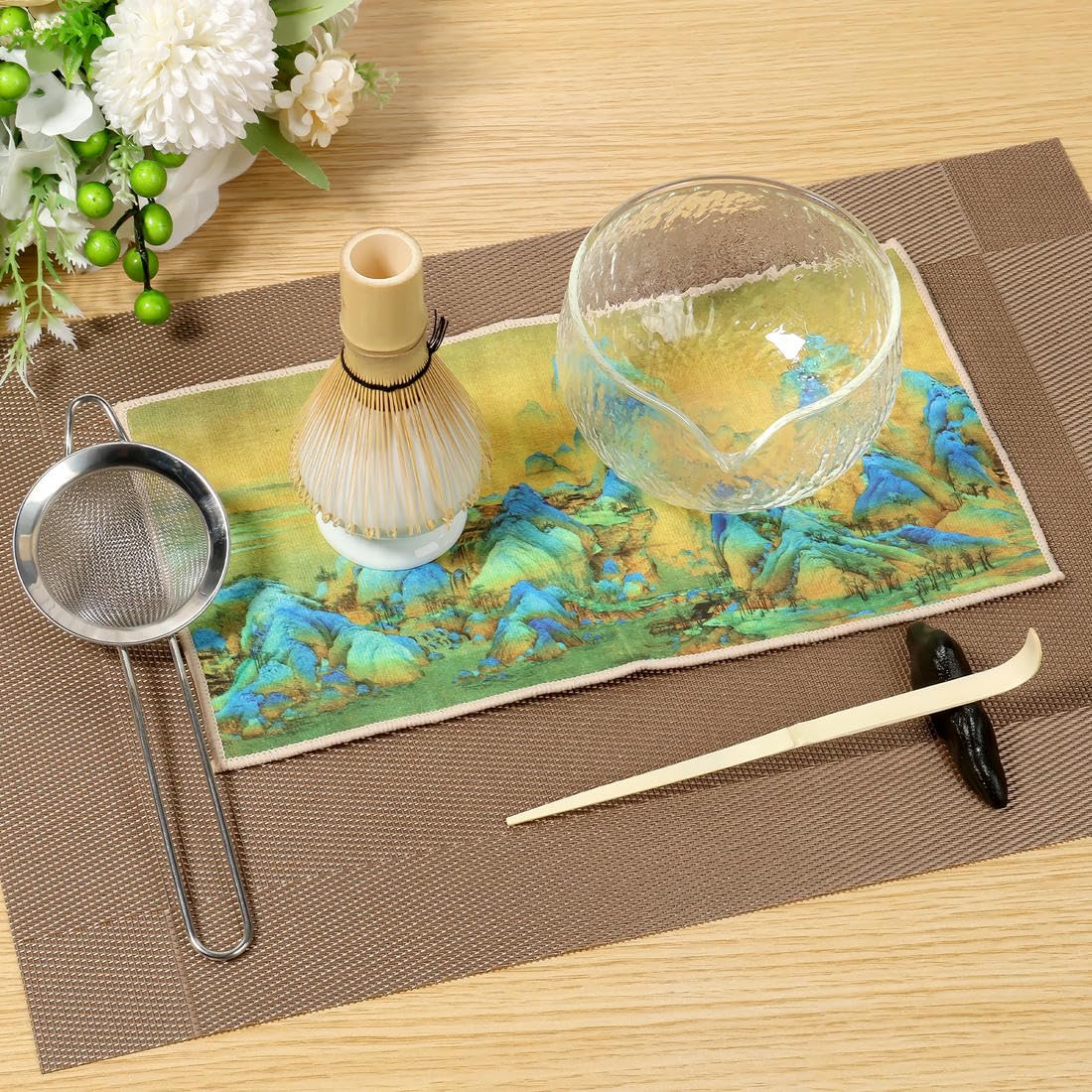 Zestaw startowy Matcha Japoński Handmade Matcha Teaset Pudełko prezentowe ze szklaną miską łyżką ceramicznym uchwytem na trzepaczkę i sitkiem