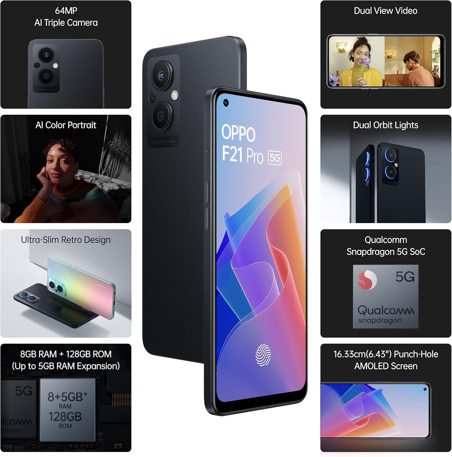 OPPO F21 Pro (5G) Dual-SIM 128GB ROM + 8GB RAM (Only GSM | No CDMA) Factory Unlocked 5G Smartphone (Starlight Black) - International Version