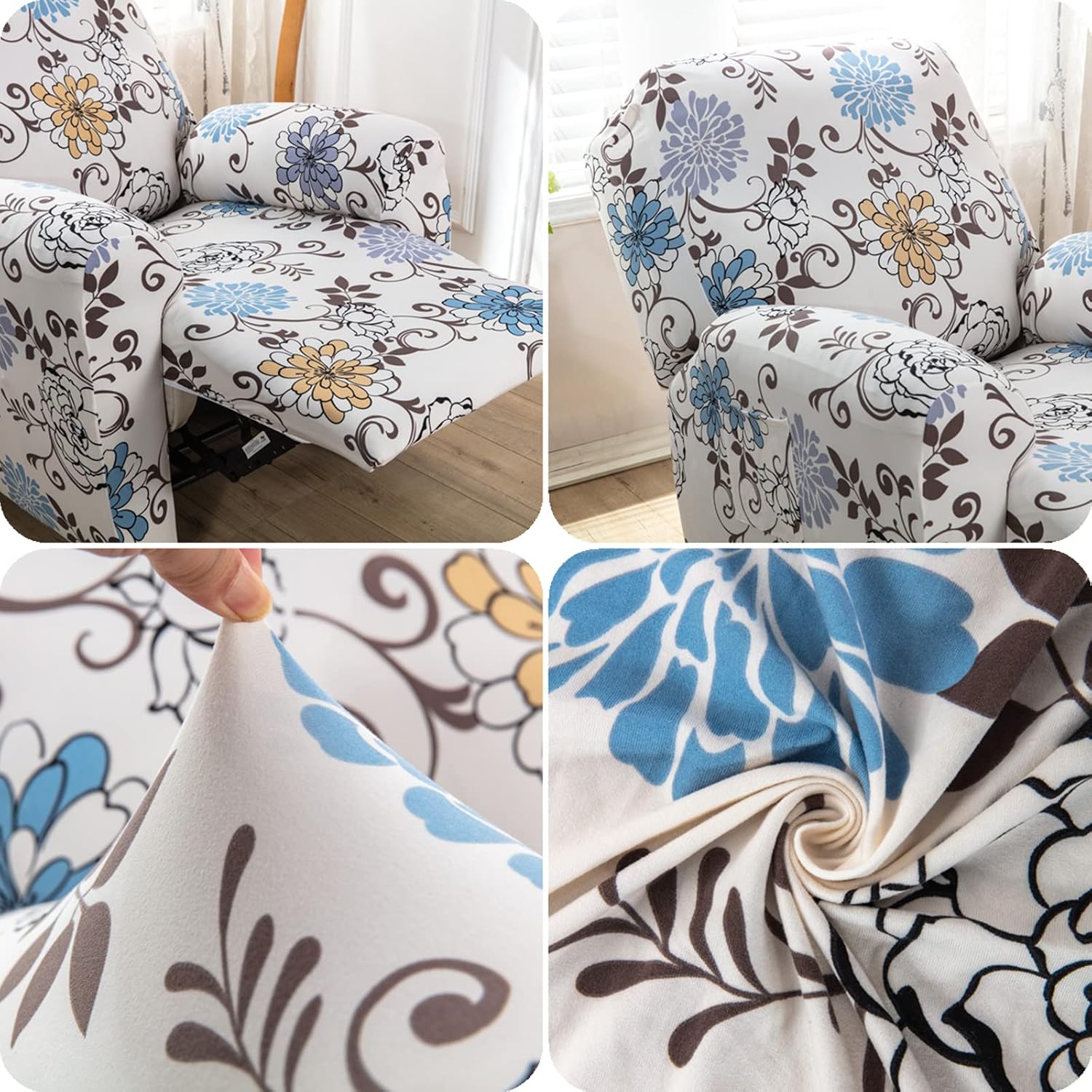 Recliner Slipcovers 4-Pieces Stretch Printed Sofa Cover Lazy Boy Chair Covers Recliner Chair Cover Non Slip Reclining Slipcovers with Elastic Bottom for Pet or Kids,27