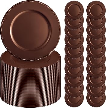50 Pcs Brown Charger Plates 13" Round Charger Plates Bulk Beaded Chargers for Dinner Plate Decorative Brown Plastic Chargers Plate for Wedding Party Event Baby Bridal Shower Table Decoration