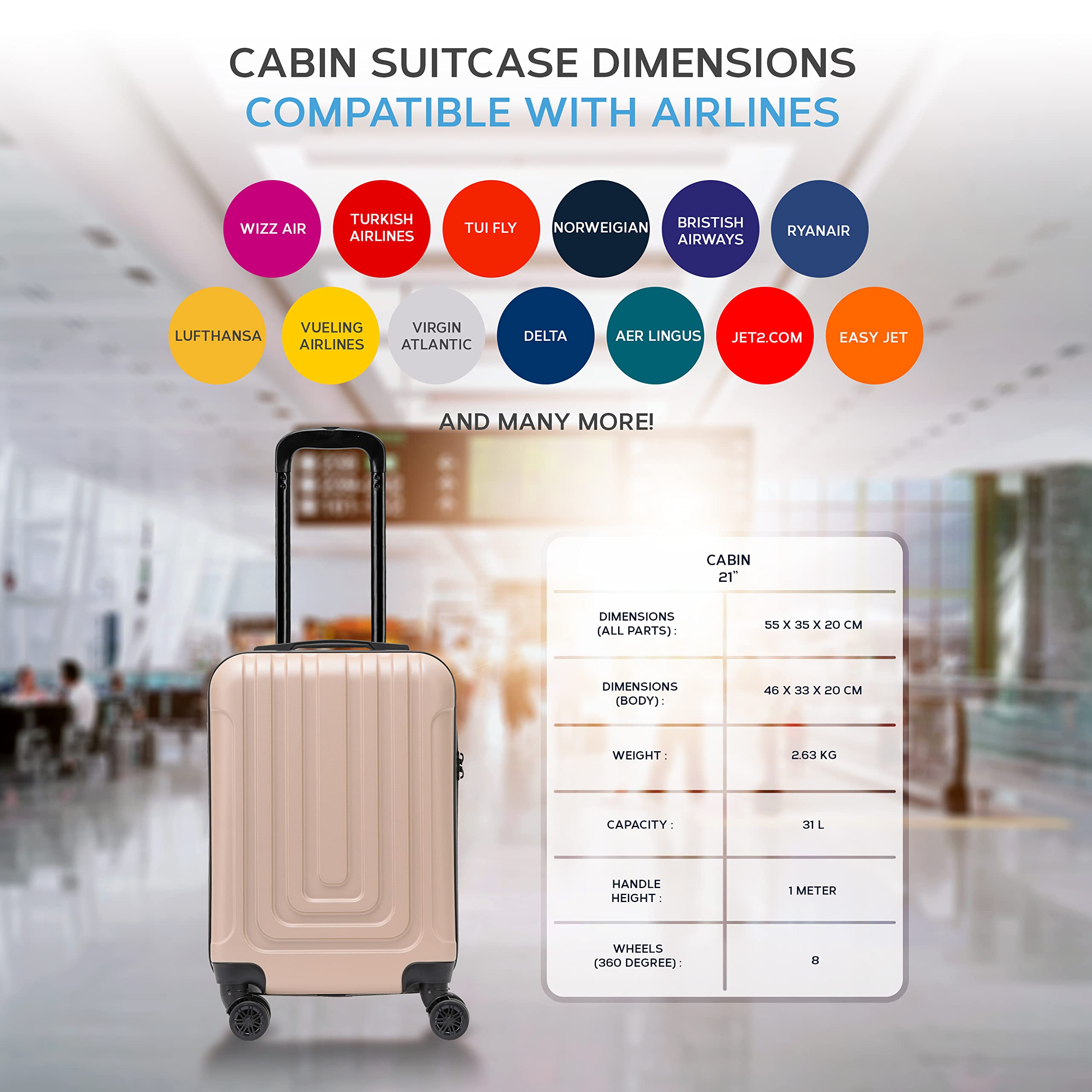 Flight Knight Premium Set of 2 Lightweight Cabin Suitcase - 8 Spinner Wheels - Built-in TSA Lock & USB Port - Luggage Approved for Over 100 Airlines Including easyJet, Ryanair & Jet2-55x35x20cm