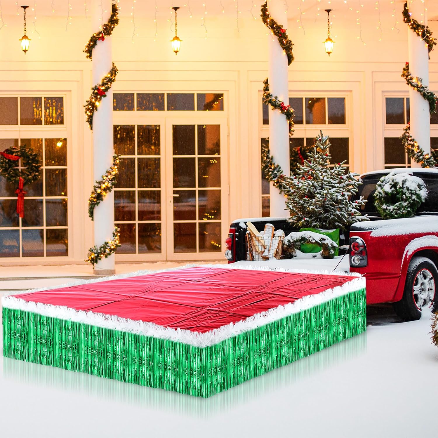 7 Pcs Christmas Parade Float Decorations for Trailers, 1 Twist Tinsel Garland, 4 Fringe Curtains and 2 Foil Sheets Red and Green Parade Float Kit for Xmas Indoor Outdoor Party Decorations