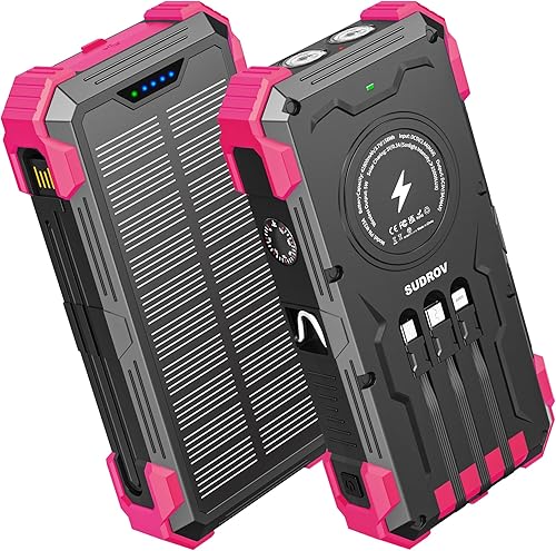Sudrov Solar Charger Power Bank, 42800mAh Wireless Portable Charger with USB-C in/Output, QC3.0 Fast Charging 15W 4 Ports Outdoor Battery Pack Built-in Dual Led Flashlights for iPhone Samsung etc Red