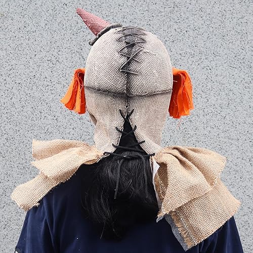 Miniatura 6 de CAFELE Máscara de espantapájaros, saco de arpillera, máscara espeluznante de cabeza completa, máscara de payaso aterradora para Halloween, cosplay,
