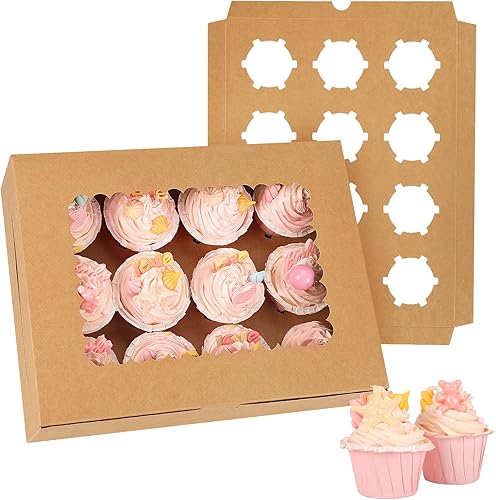 Moretoes 34 juegos de cajas para cupcakes, capacidad para 12 cupcakes cada una, recipientes marrones con ventana e insertos, 13 x 10 x 3.5 pulgadas,