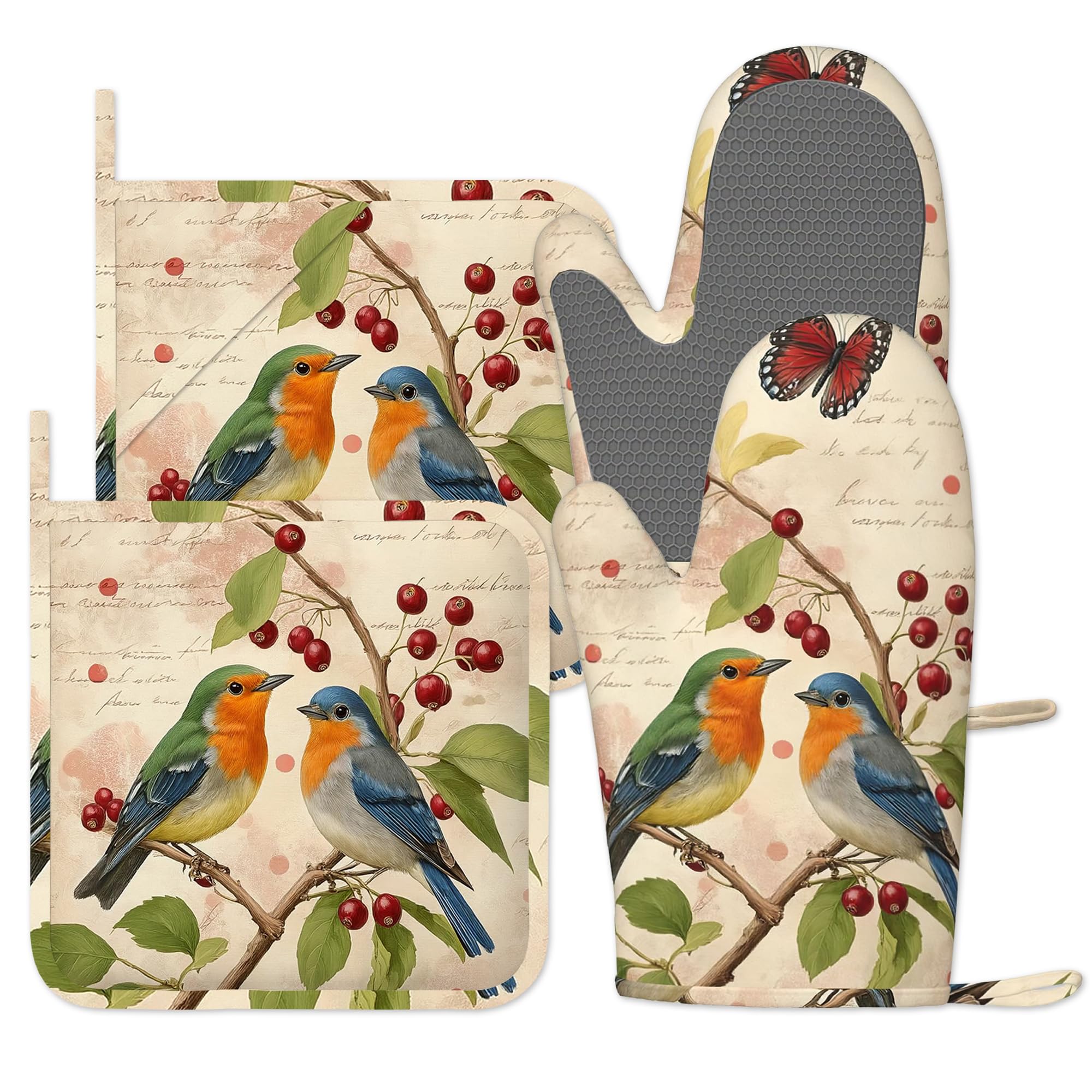 Bilangce Vintage Bird Oven Mitts And Pot Holders Sets, Oven Gloves Heat Resistant, Cute Baker Stuff, Chef Cooking Baking Gifts For Bakers, Kitchen Gifts For Cooking Lover Cooks Mom