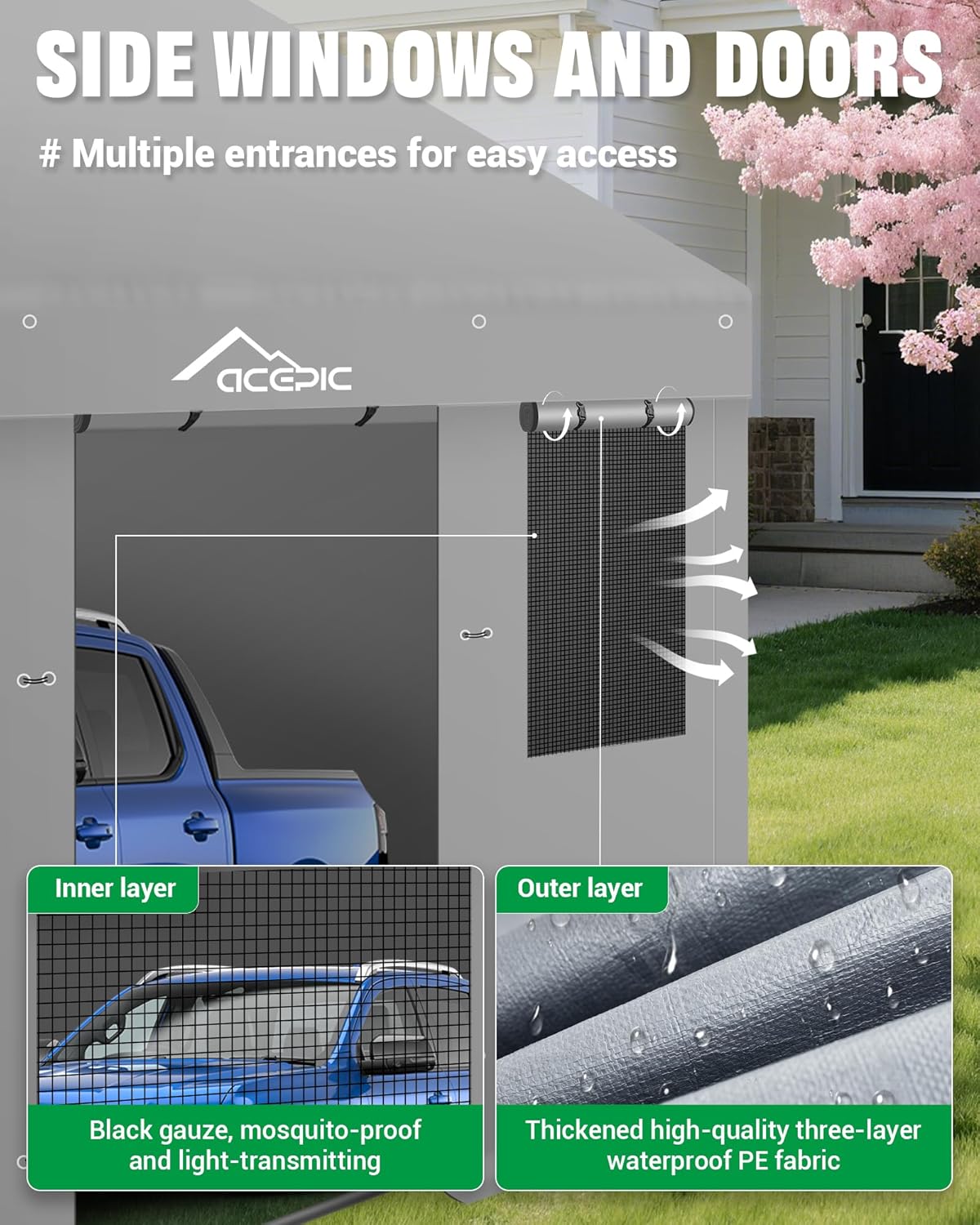 Upgraded 13x20ft Heavy Duty Carport,Features Roll-up Windows & Doors, Portable Garage with UV Resistant Waterproof All-Season Tarp for Car, Truck, Boat - Image 6