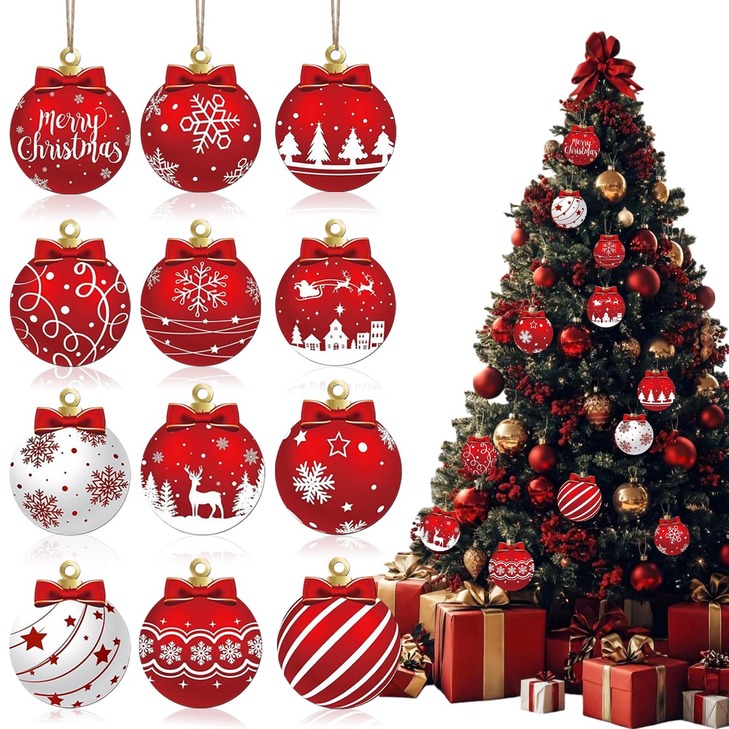 Décoration de sapin de Noël rouge lot de 12 suspensions en bois design flocon et élan