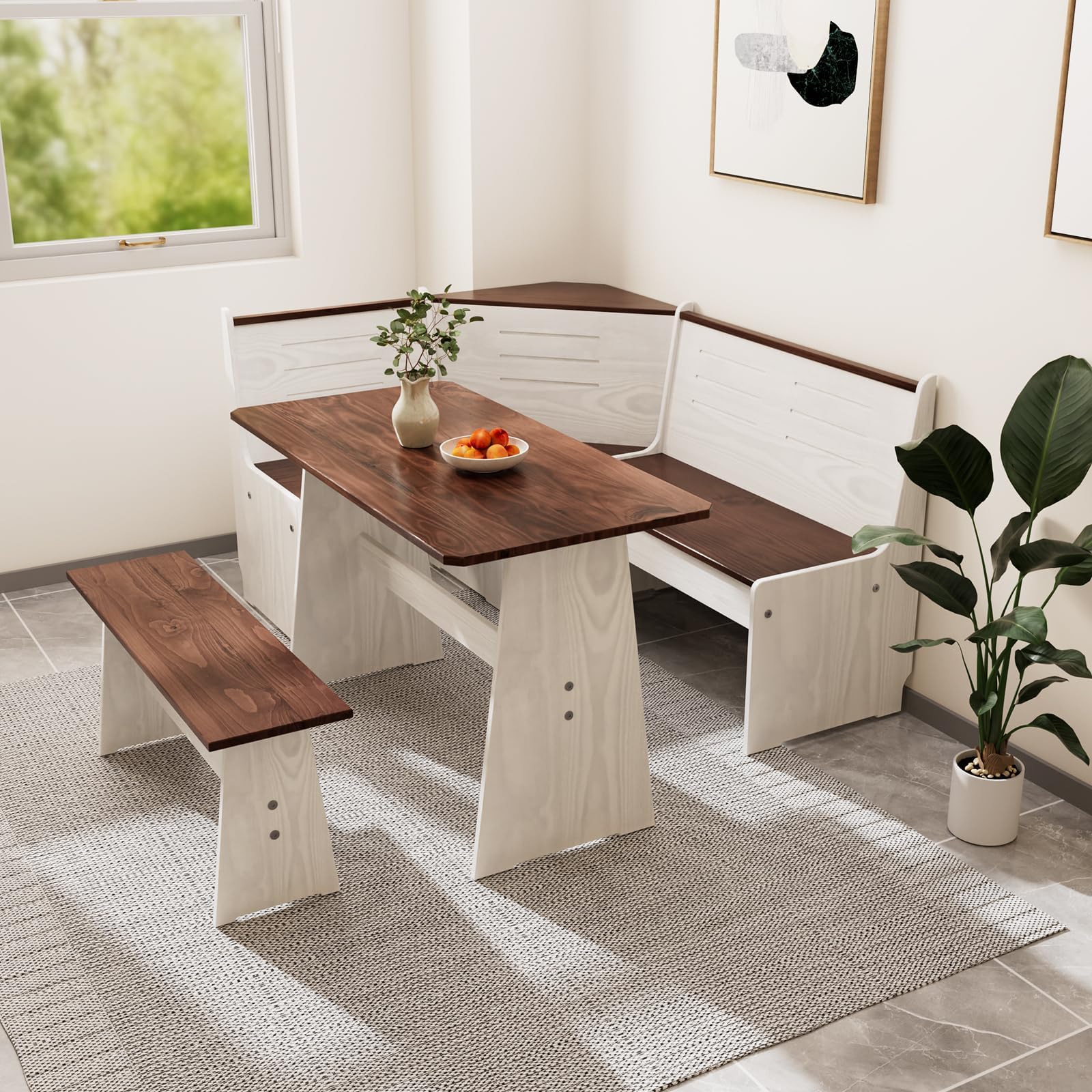 - Kitchen Breakfast Nook Table Set - Solid Wood Corner Bench Dining Set for 4-6 People, L Shaped Bench for Dinner Room, Space Saving Kitchen Booth Seating with Table for Small Space, White+Brown