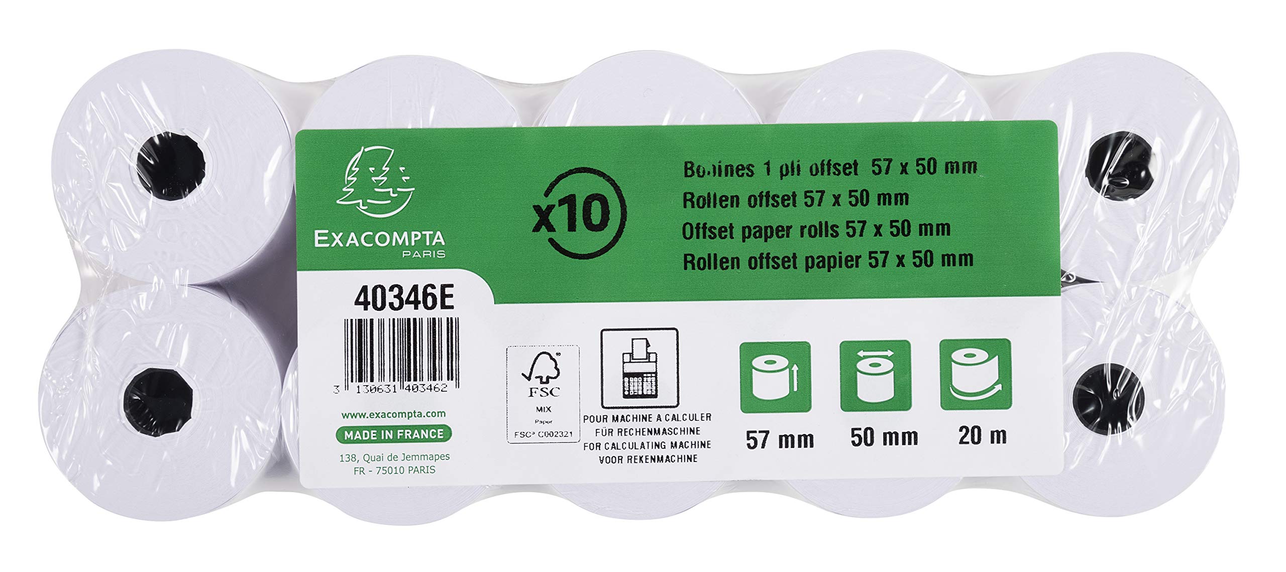 Bobines pour machines a calculer 57x50x12x25 - 1 pli offset blanc 64 g/m