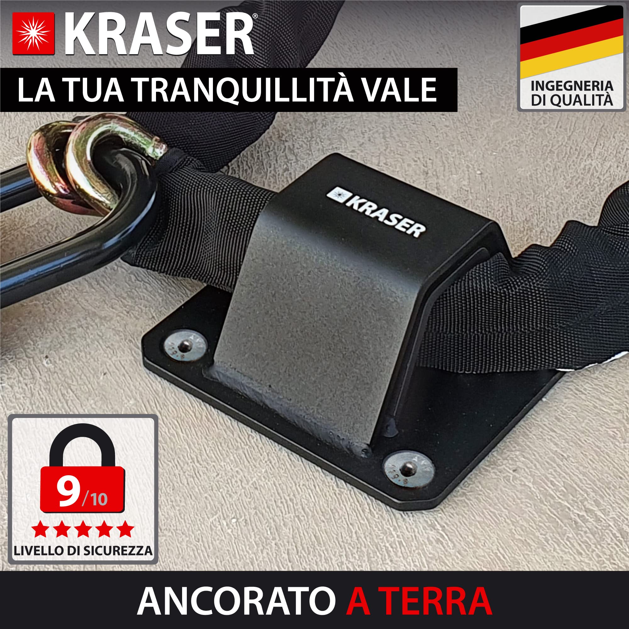 KRASER KR52B Antifurto a Pavimento o Muro in Acciaio ad Alta Resistenza Arco, Antiattacco + Base e 4 Punti di Ancoraggio, Vernice a Doppio Strato, Sicurezza Moto, Bici, Rimorchio