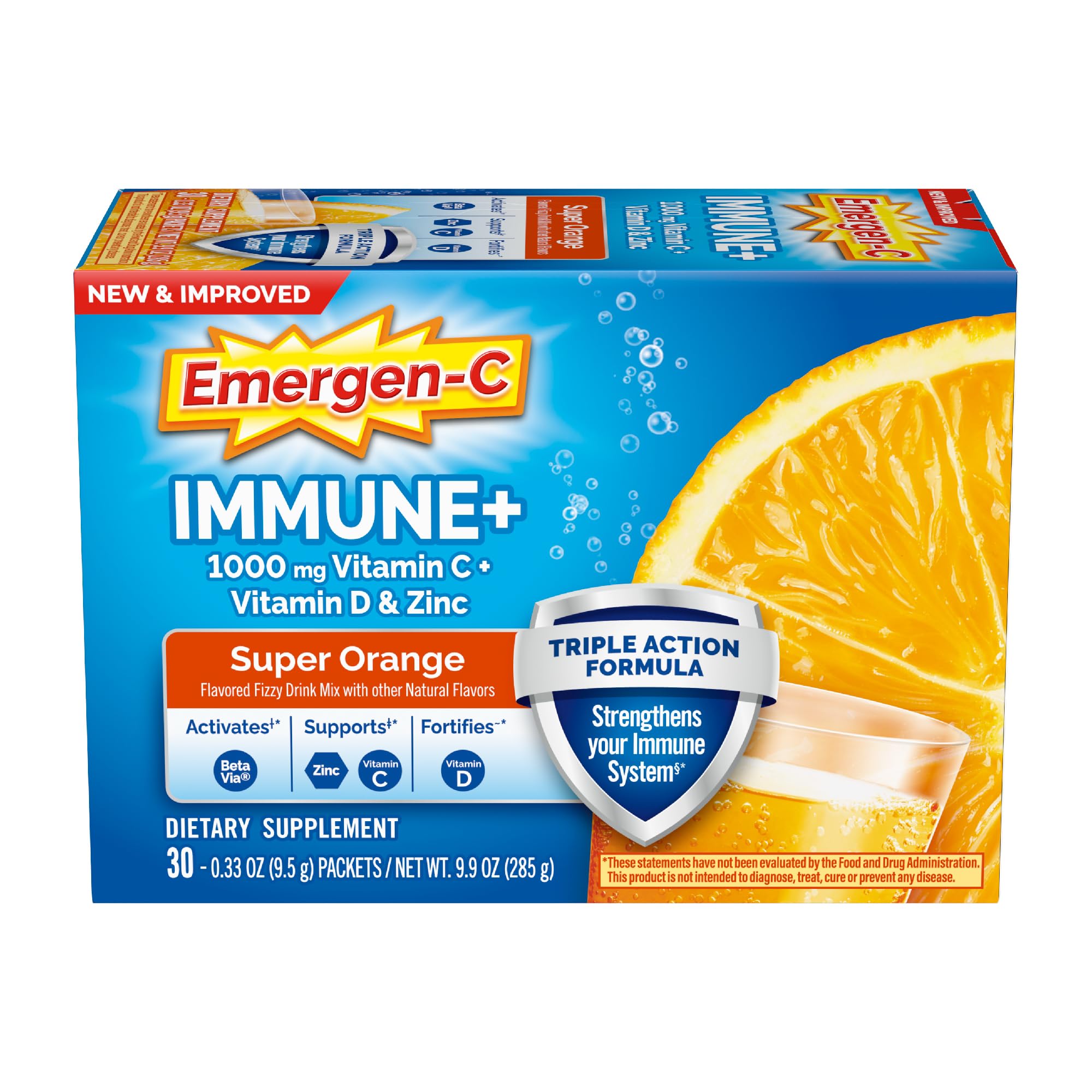 Emergen-C Immune+ Triple Action Immune Support Powder, BetaVia (R), 1000mg Vitamin C, B Vitamins, Vitamin D and Antioxidants, Super Orange, Back to School Essentials – 30 Count