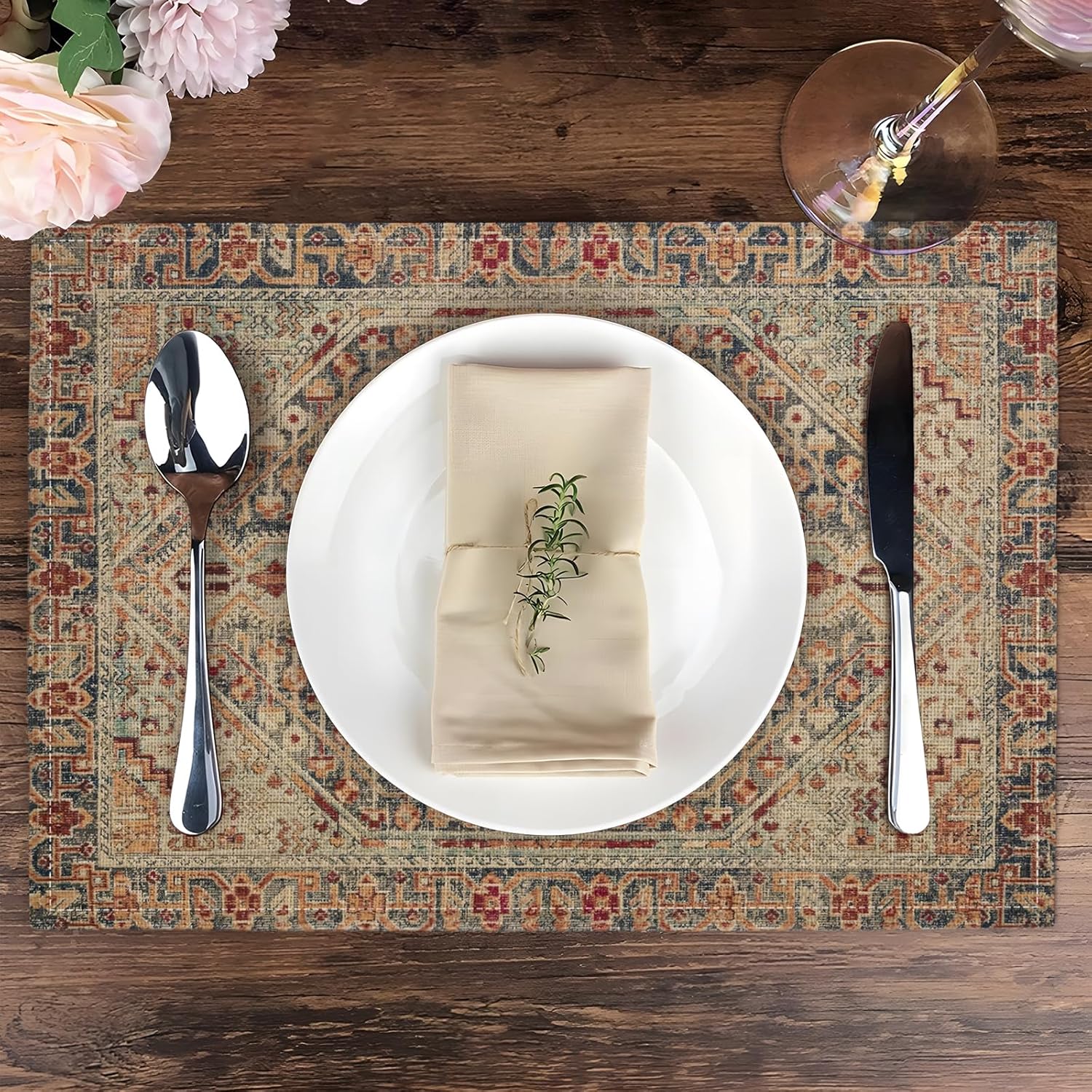 Boho Style Dusty Blue Placemats Set of 4,Vintage Elegant Farmhouse Table Center Linen Decor,12x18 Inch Country Rustic Farmhouse Magical Fall Table Mats for Party Kitchen Dining Decoration