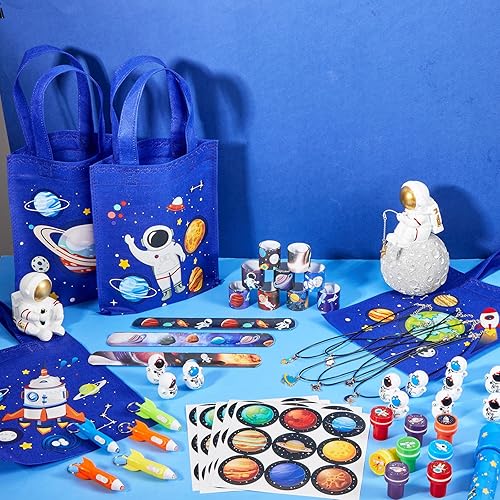 Miniatura 6 de Ctosree 192 bolsas no tejidas con temática espacial para fiestas, regalos espaciales, con asa, pulsera, vaso espacial, sellos espaciales, collar