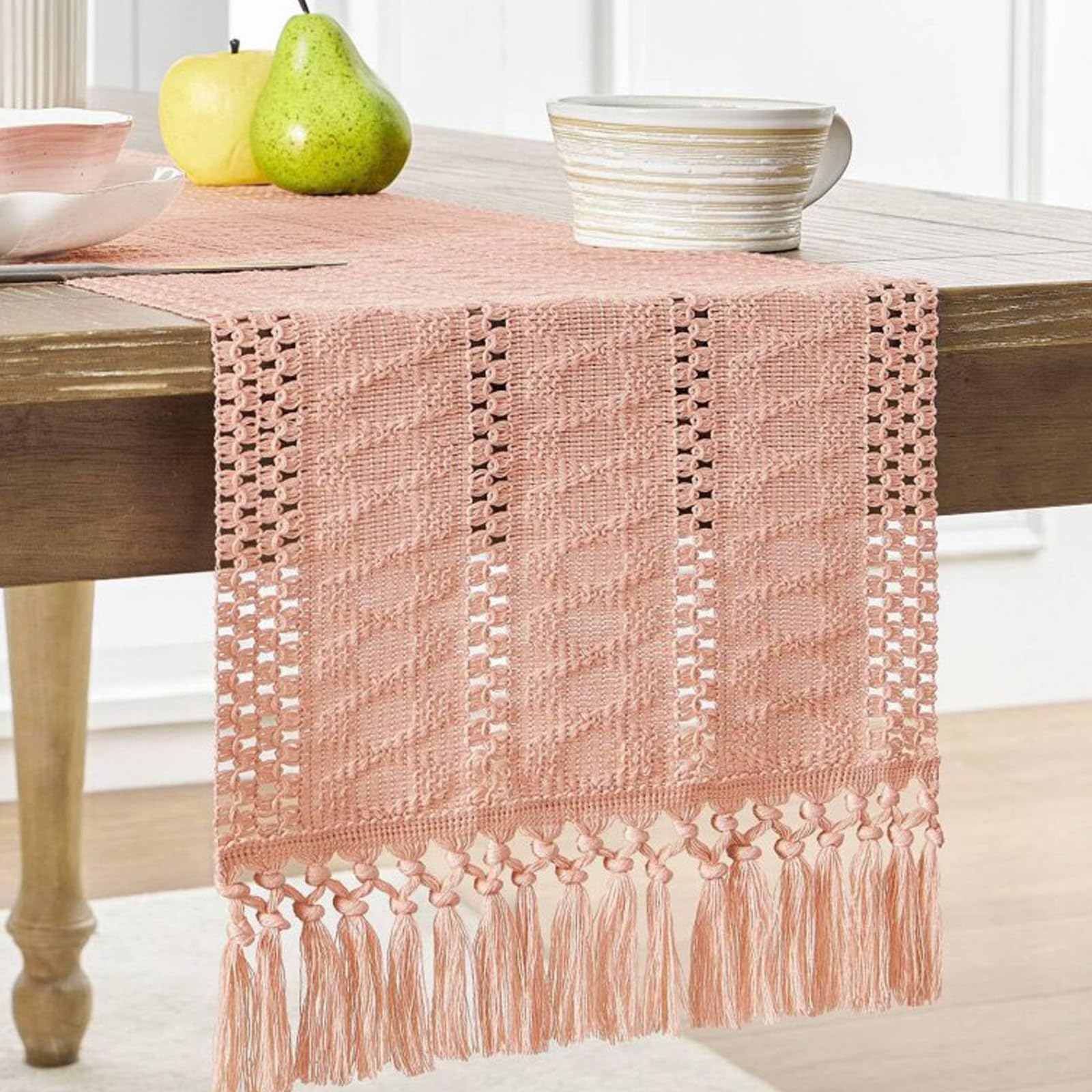 Handmade Knotted Tassel Cotton Linen Table Runner, Hollow Woven Farmhouse Decorative Long Table Runner, for Dining Table, TV Stand, Coffee Table(Pink,140cm/55.1in)