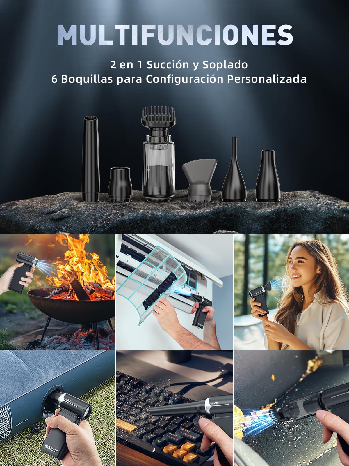 Smiling Shark Soplador de Polvo Eléctrico, J02 Aluminio 150000RPM Plumero de Aire Comprimido Potente - Motor Sin Escobillas Recargable Inalámbrico & Batería de 8000mAh para PC/Teclado/Coche/Casa