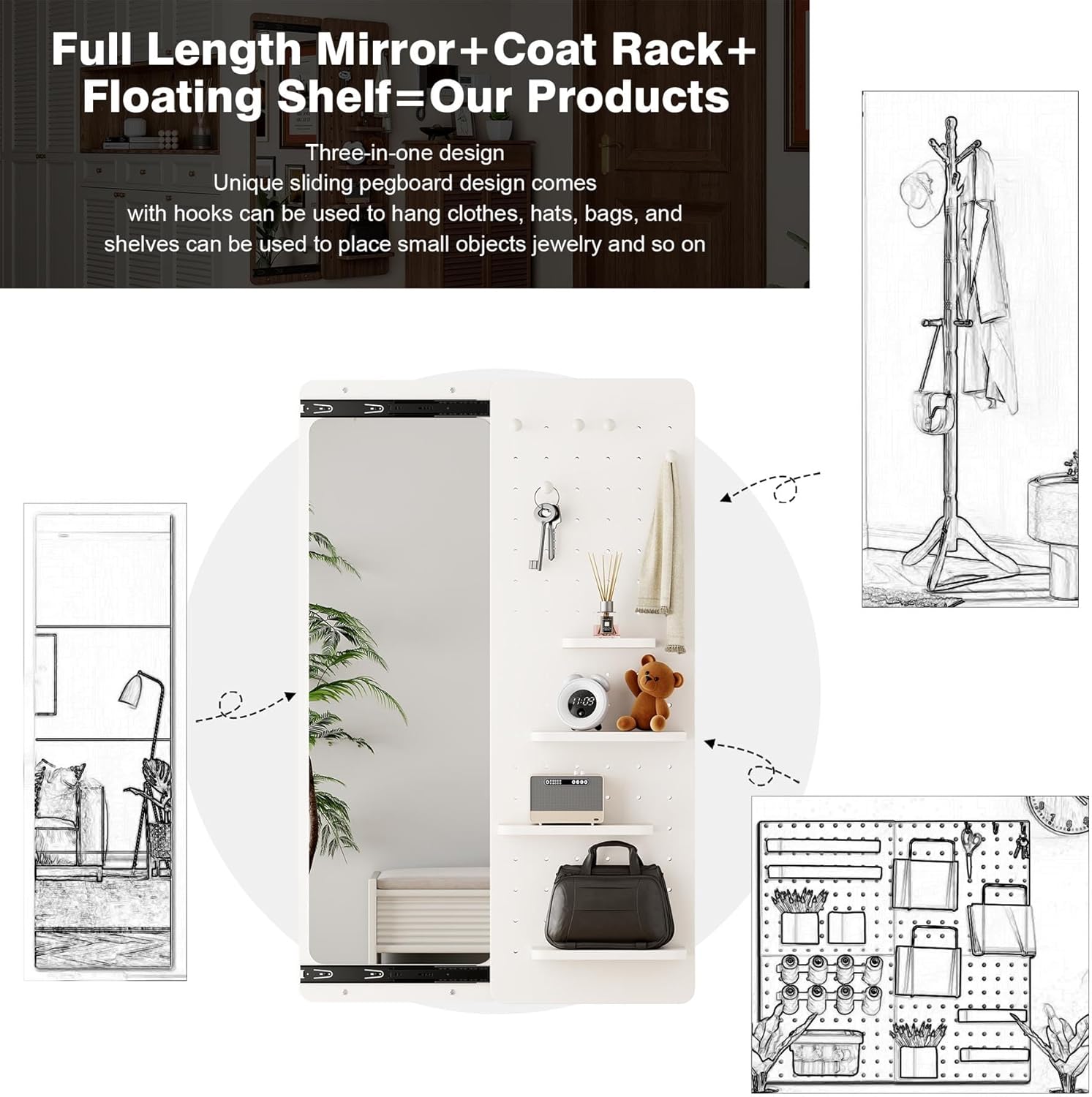 47.6” Length Wall Mounted Mirror with Shelf, Entryway Mirror with Hooks & Multifunctional Design Panel Pegboard, for Bedroom, Living Room, Dressing Room (White)