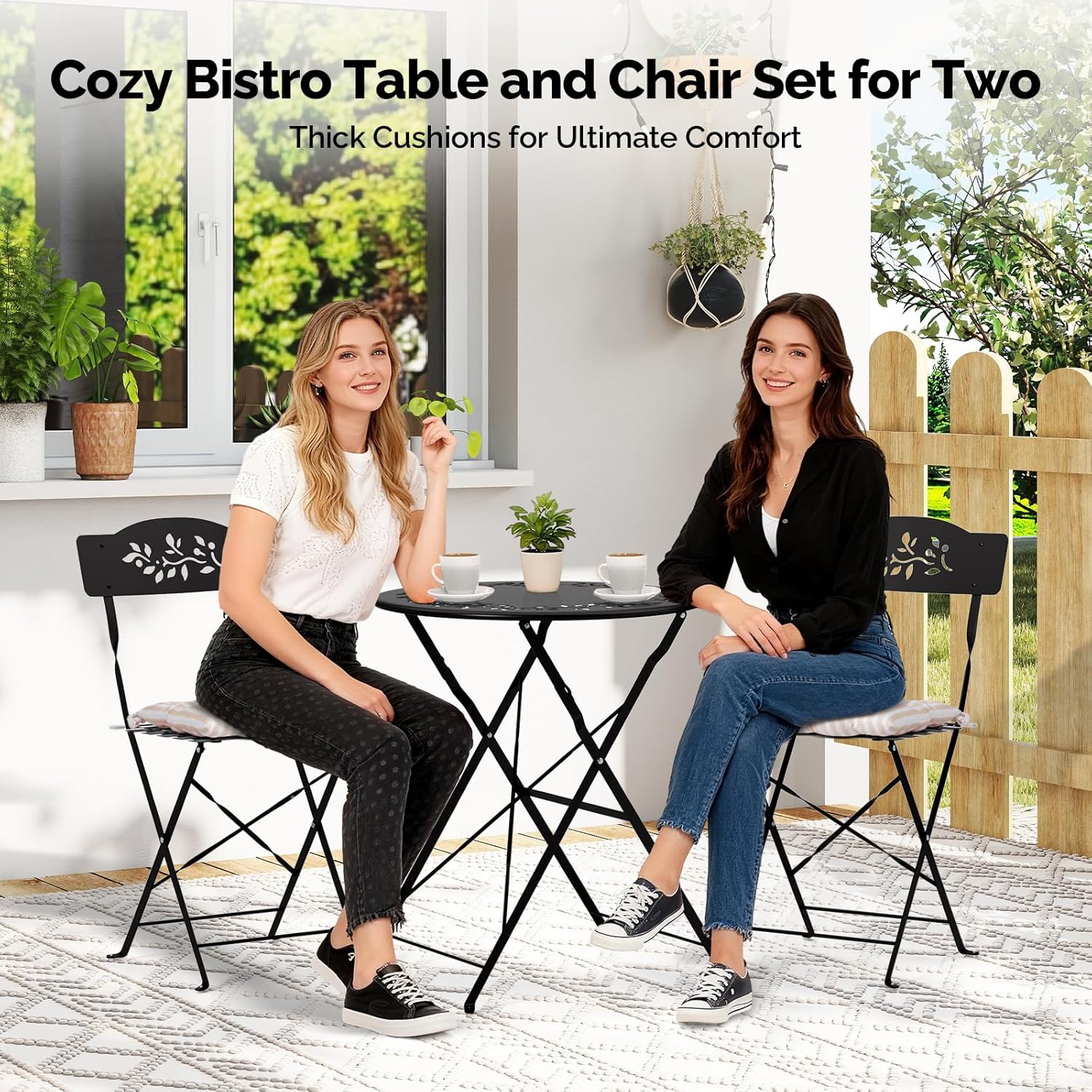 VINGLI Outdoor Folding Bistro Table and Chairs Set of 2, 3-Piece Bistro Set with Olive Leaf Cutout Design and Comfortable Cushions for Patio, Balcony, Garden, Porch, Yard, Black