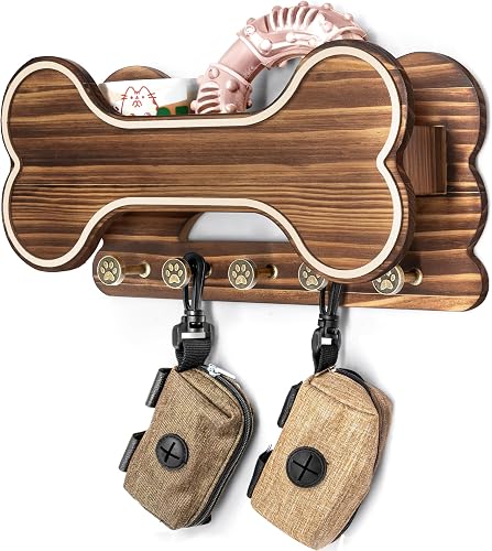 MTERSN Dog Bone Wall Mount Leash Holder with 5 Key Hooks and Storage Shelf, Brown Wood Organizer MTERSN Dog Bone Wall Mount Leash Holder with 5 Key Hooks and Storage Shelf, Brown Wood Organizer