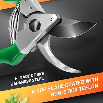 GRÜNTEK Professional Bypass Secateurs 20 mm Cut – SK5 Teflon-Coated Blade 48 mm – Ergonomic Garden Pruning Shears | Garden Secateurs Heavy Duty | Precise, Clean Cutting