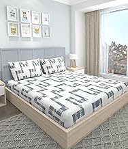 VOMZER Premium Cotton Feel Flat Bedsheet for Double Bed King Size – 300 TC Premium Flat Bedsheet for King Size Bed – Double Bed Bedsheet with 2 Pillow Covers White Lines