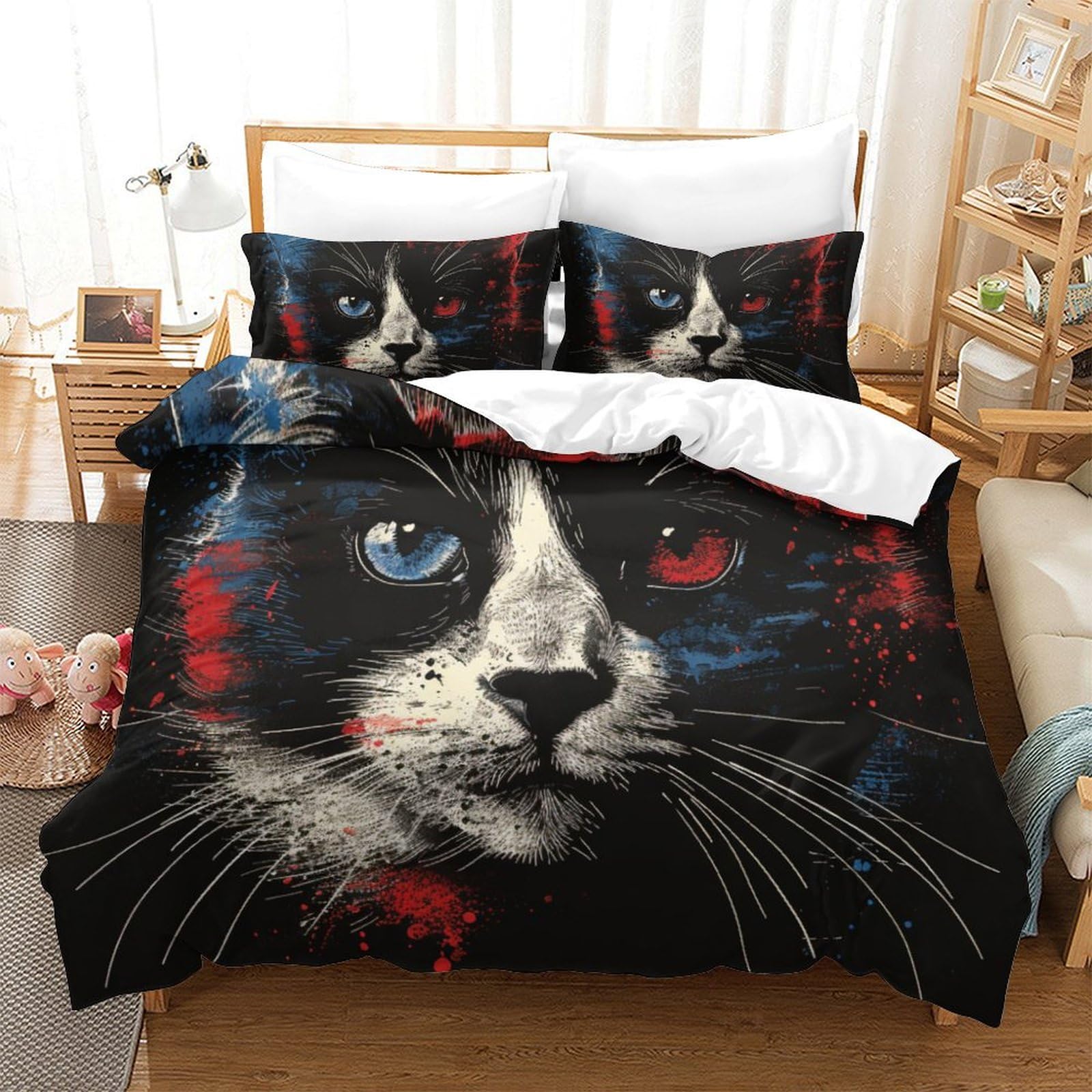 Housse de couette chat 3D parure anti-glissement facile à laver