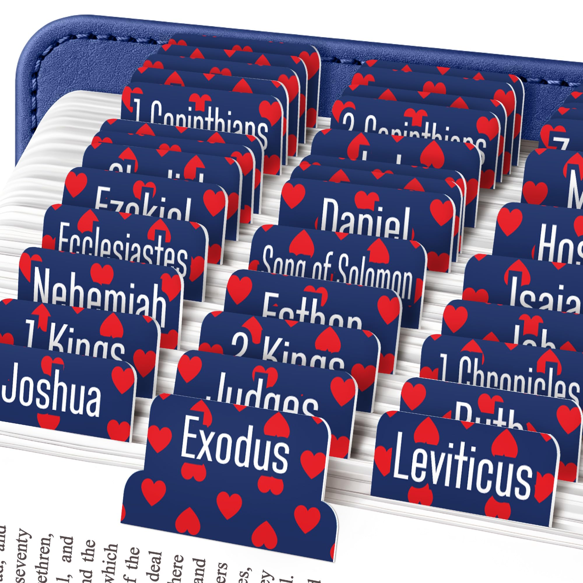 EssexWares - Blue with Red Hearts Bible Tabs for Old and New Testament, 80 Large Print Tabs for Bible Study, Water-Resistant and Durable Index Tabs for Women and Men - 1.7" Wide โ image 1
