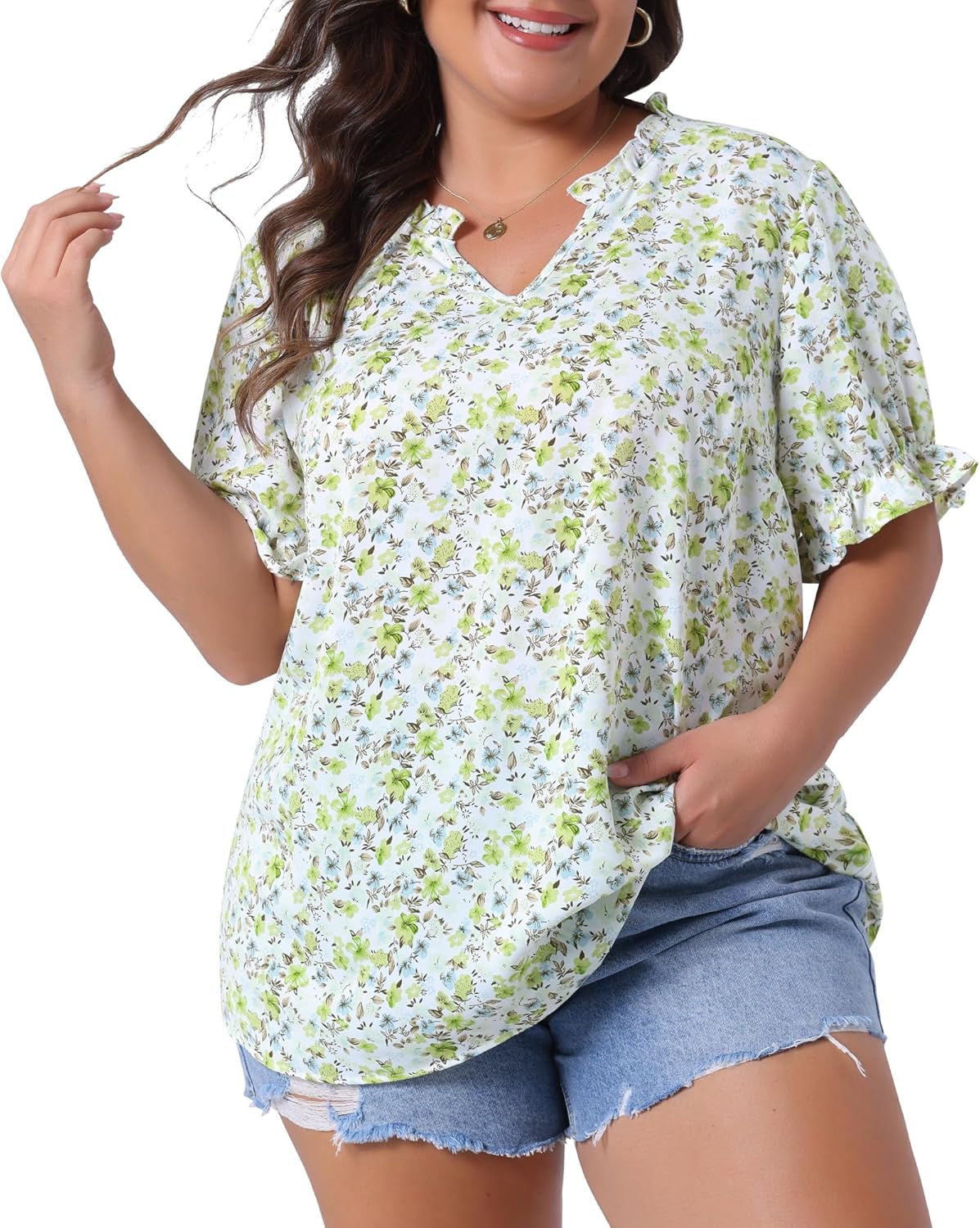 Agnes Orinda Plus Size Summer Tops for Women Floral V Neck Ruffle Puff Short Sleeve Casual Blouse Top - Image 2