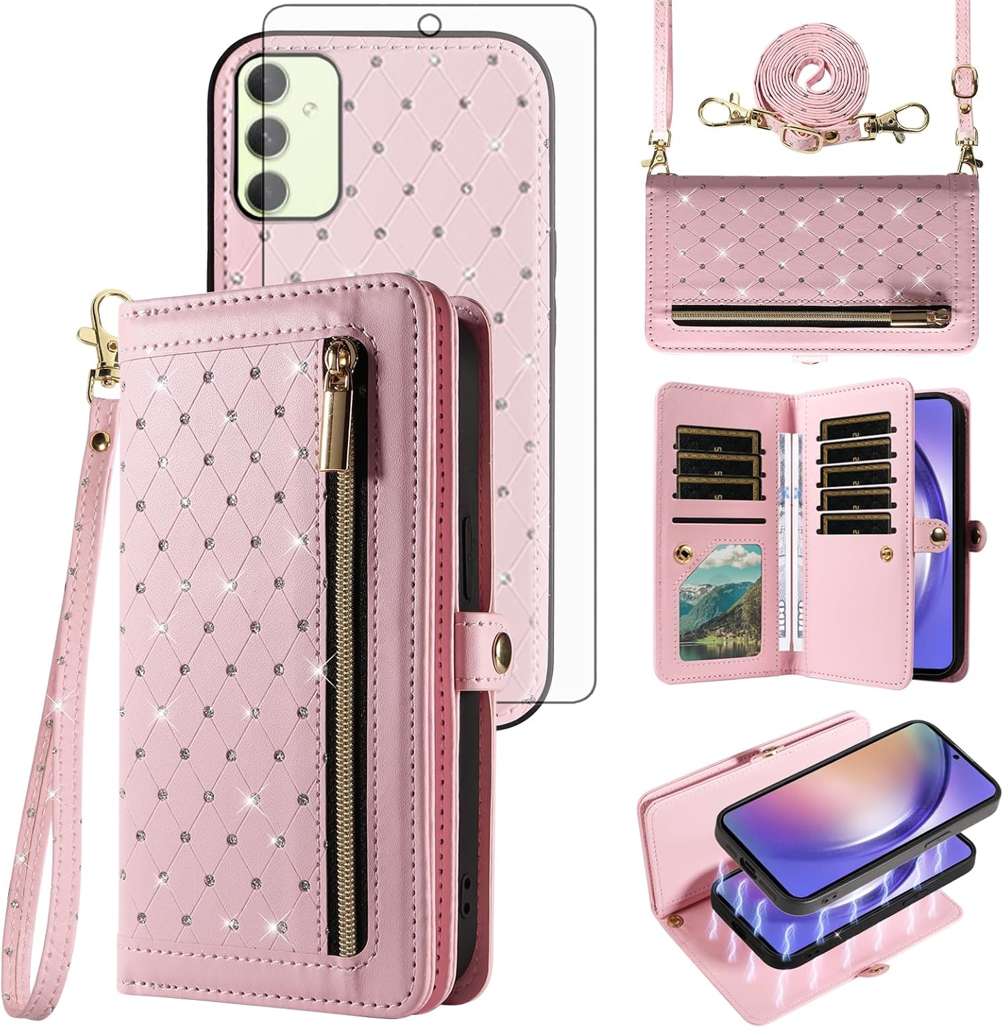 Asuwish Phone Case for Samsung Galaxy A54 5G Zipper Wallet Detachable Magnetic Cell Cover Screen Protector Crossbody Strap Bling Flip Credit Card Holder A545G A 54 54A 4G G5 SM A546U Women Dark Green
