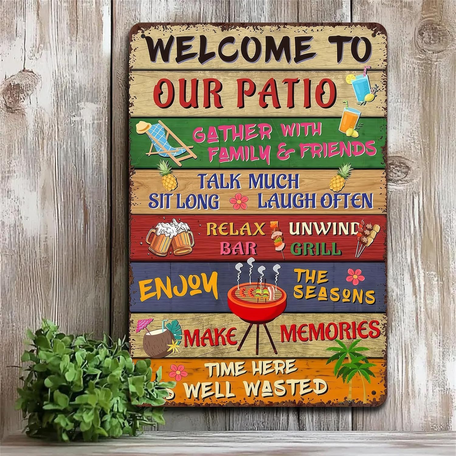 Welcome to Our Patio Outdoor Metal Sign – Colorful Rustic Wall Decor for Backyard, Poolside Bar, Funny Summer Sayings with Icons Poster Vintage Tin Sign, Great Gift for Neighbors & Friends 8x12 Inch - Image 4