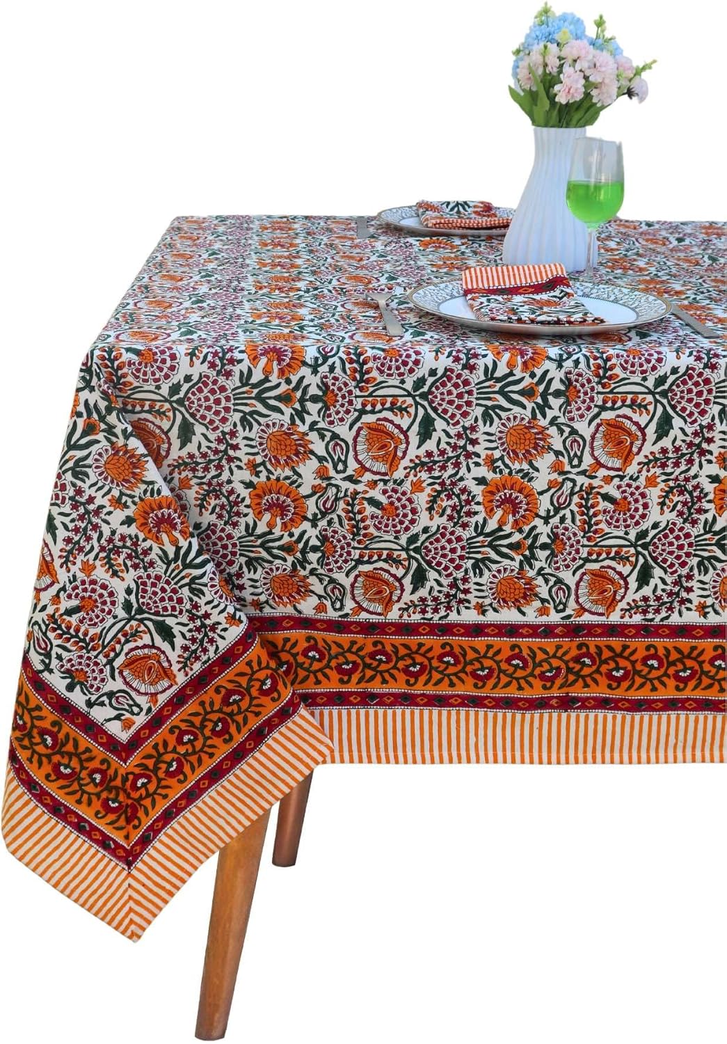 Handblock Print Cotton Tablecloth – 60x60 Square Table Cover Seats 6–8 – Indian Block Printed Floral Dining Table Linen – Boho Washable Cloth for Kitchen, Party, Outdoor (Orange)