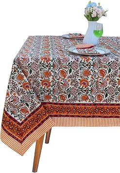 Handblock Print Cotton Tablecloth 72x108 Rectangle Table Cover Seats 68 Indian Block Printed Floral Dining Table Linen Boho Washable Cloth for Kitchen, Party, Outdoor Orange