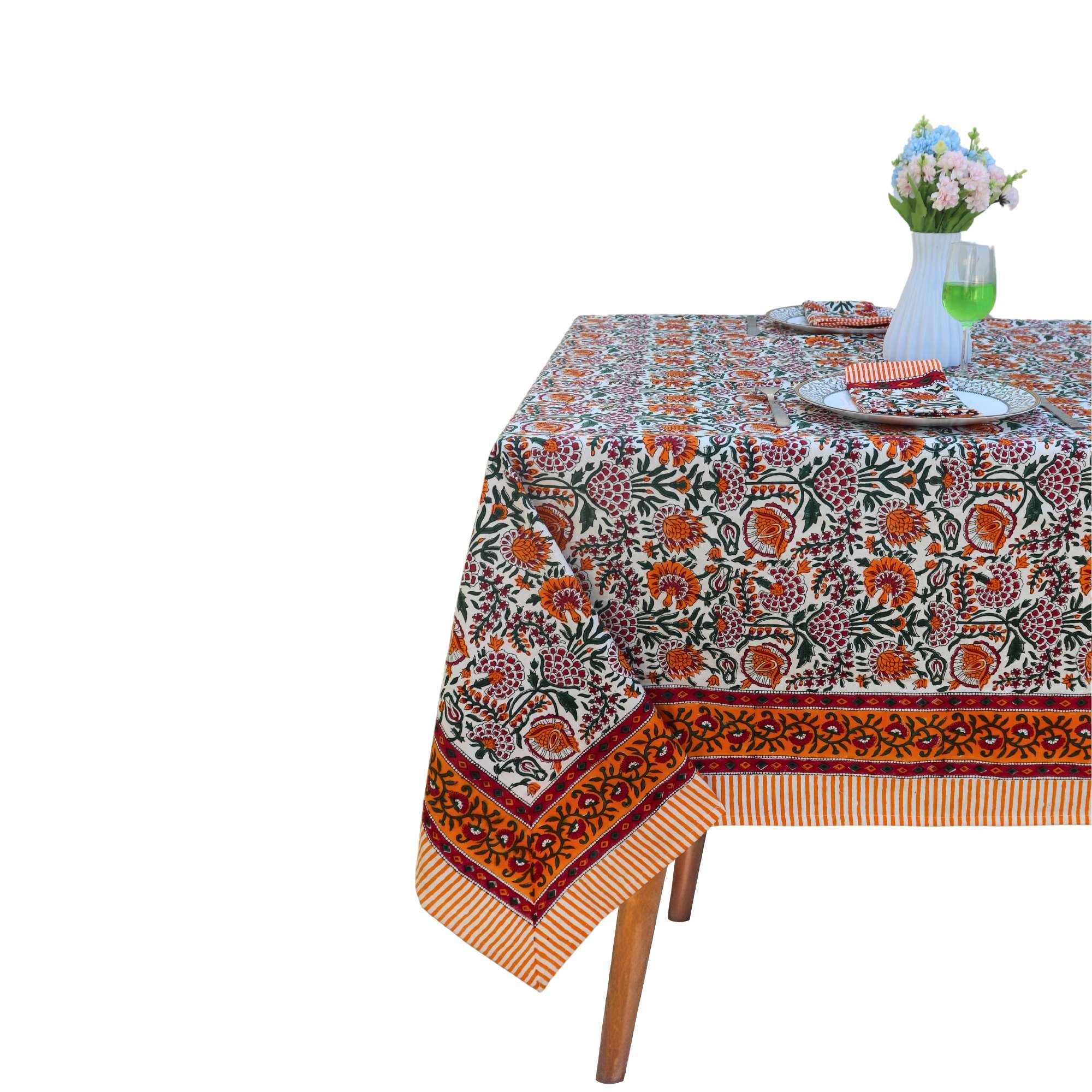 Handblock Print Cotton Tablecloth – 60x90 Rectangle Table Cover Seats 6 – Indian Block Printed Floral Dining Table Linen – Boho Washable Cloth for