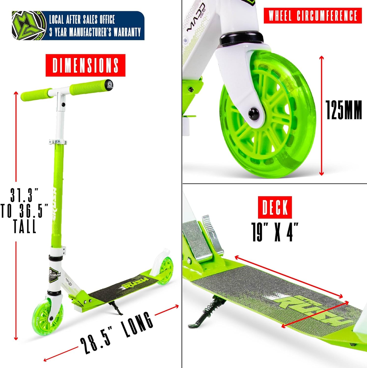 Kick Scooter for Ages 5+ - Kids, Teens & Adults. Max Load 220lbs. Foldable, Light-Up Wheels, Adjustable Height, Lightweight - Rush 125 Madd Gear