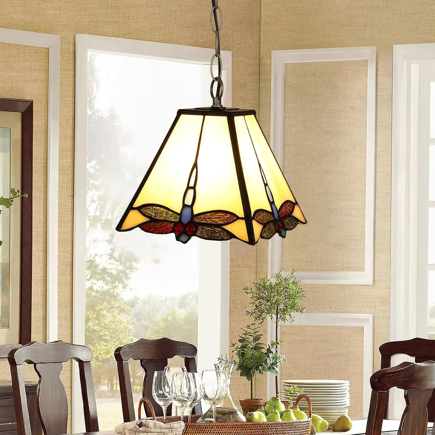 8 Inch Tiffany Lamp Shade Accessories Replacement Only Stained Glass Square Dragonfly Lampshades Vintage Light Cover for Table Lamp Pendant Light Desk Light,Beige