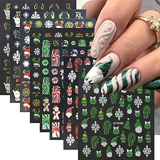 8 Sheets New Year Nail Stickers 3D Self-Adhesive Gingerbread Man Snowmen Elk Nail Decals Gold Santa Hat Nail Art Stickers Red Green Glitter Xmas Snowball Manicure Nail Supplies for Nail Art Decoration