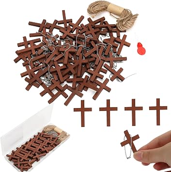 Mr. Pen- Wooden Pocket Cross Charms, 60 pcs, 10 m Rope & Threader | Bulk Small Wooden Crosses with Chains for Prayer, Crafts, DIY, Christian Gifts for Keychains, Church Prayer