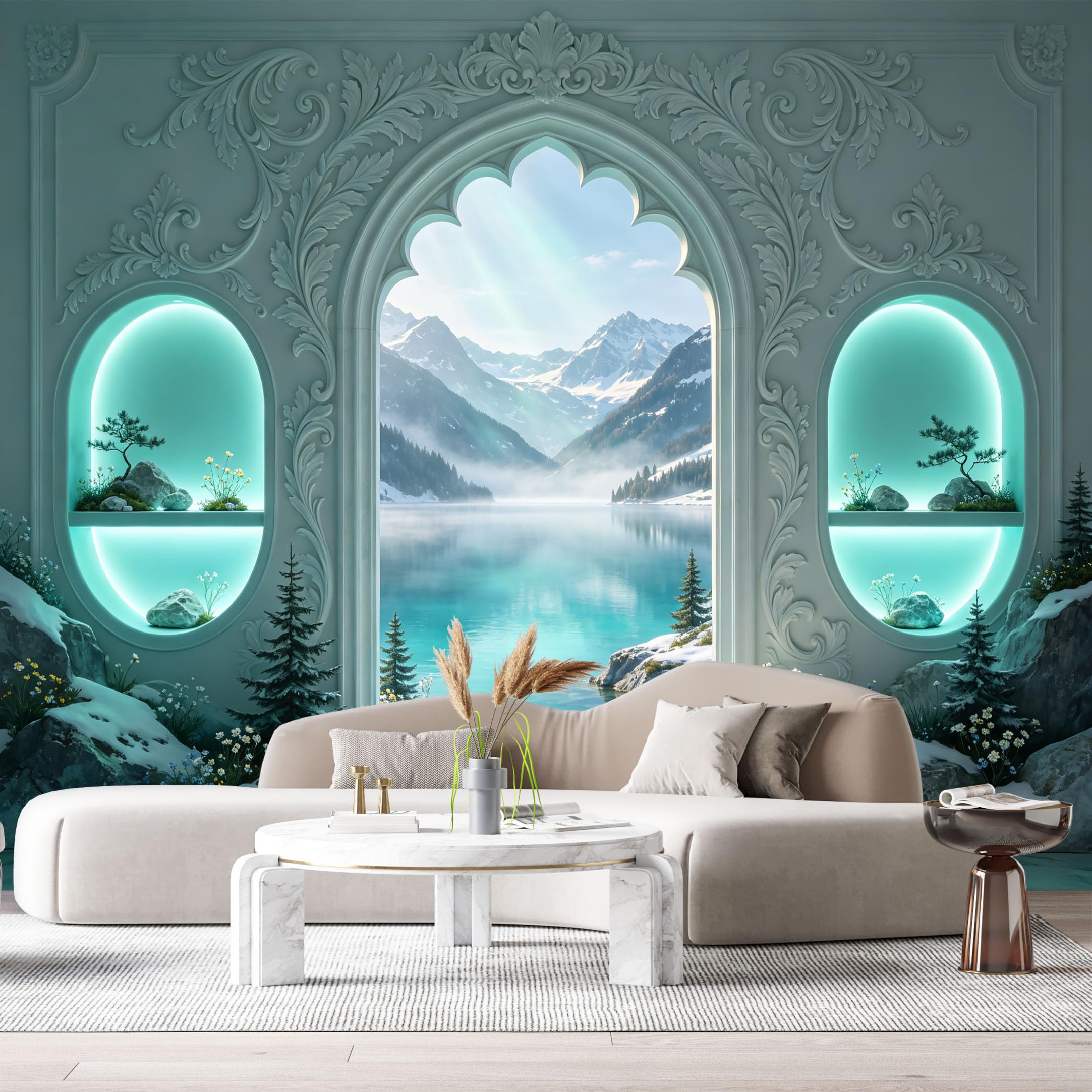 Custom Size Wall Murals Alpine Landscape Snowcapped Mountains Lake 3D Trompe L'Oeil SelfAdhesiveWall Fabric Removable Wallpaper Wall Decor for Living Room Bedroom Bathroom