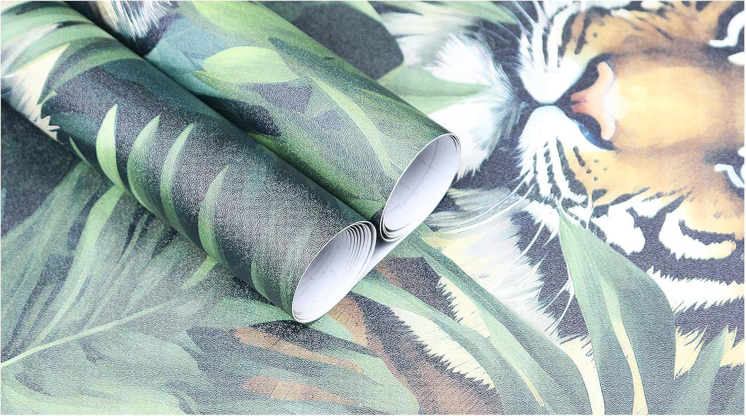 HAOKHOME Tropical Peel and Stick Wallpaper Jungle Tiger Leaf Plam Animal Removable Stick on Contact Paper for Home Decor Green/Brown 17.3in x 9.8ft