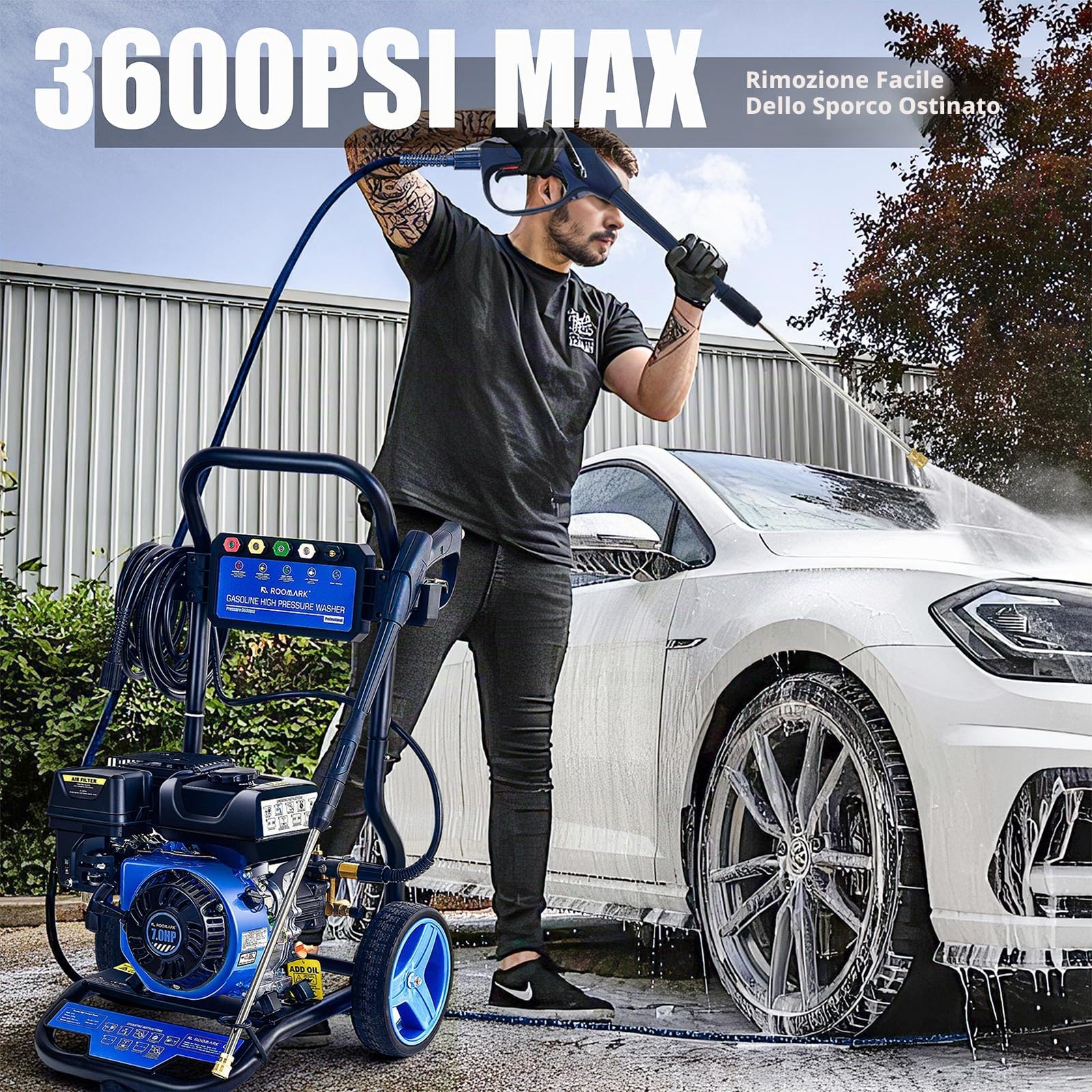 Idropulitrice professionale,max.248 bar pressione di lavoro, 590L/h, 210cc Gas Idropulitrice ad alta pressione commerciale con 8M Tubo flessibile & 5 ugelli,per giardino,cortile,veicolo