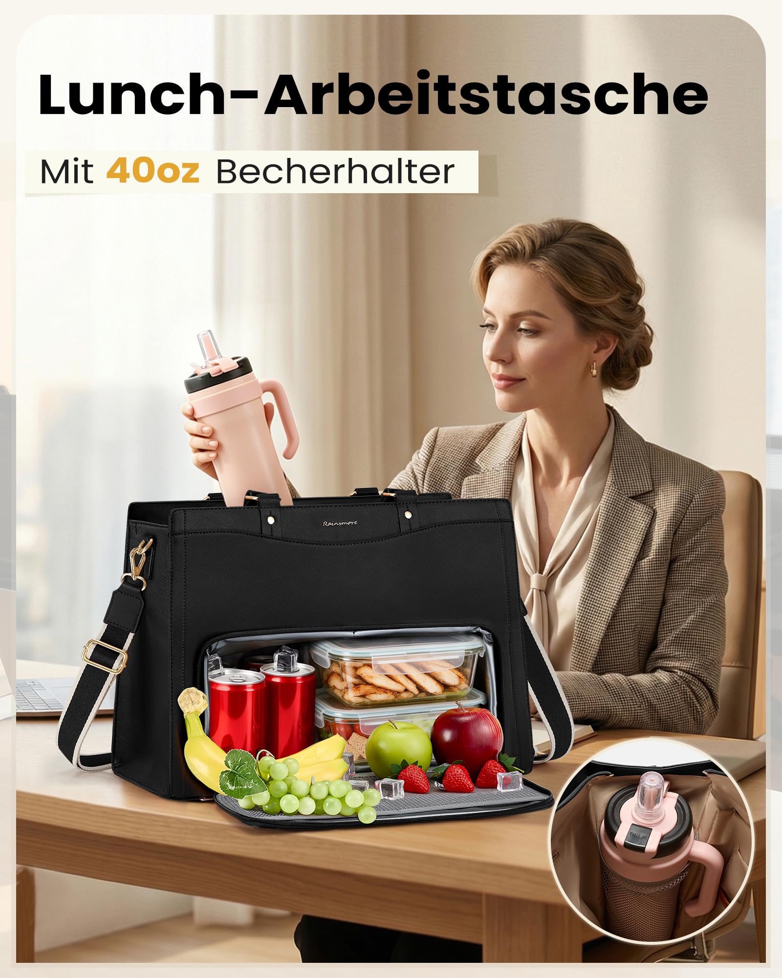 RAINSMORE Lehrertasche Damen mit Kühlfach 15,6 Zoll Laptoptasche Arbeitstasche Damen Groß PU Leder Business Handtasche mit Lunchfach Wasserdicht für Büro Uni Schule Schwarz