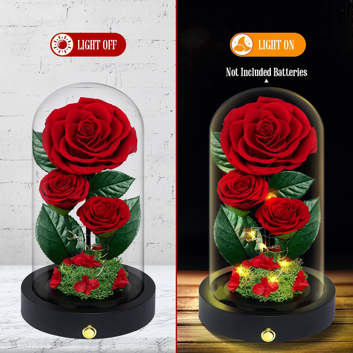 3 Preserved Flowers Roses in Glass Dome for Beauty and The Beast Decor Real Rosas Eternas for Women Mom Birthday,Forever Red Roses for Delivery, Gifts for Wife Girlfriend Her