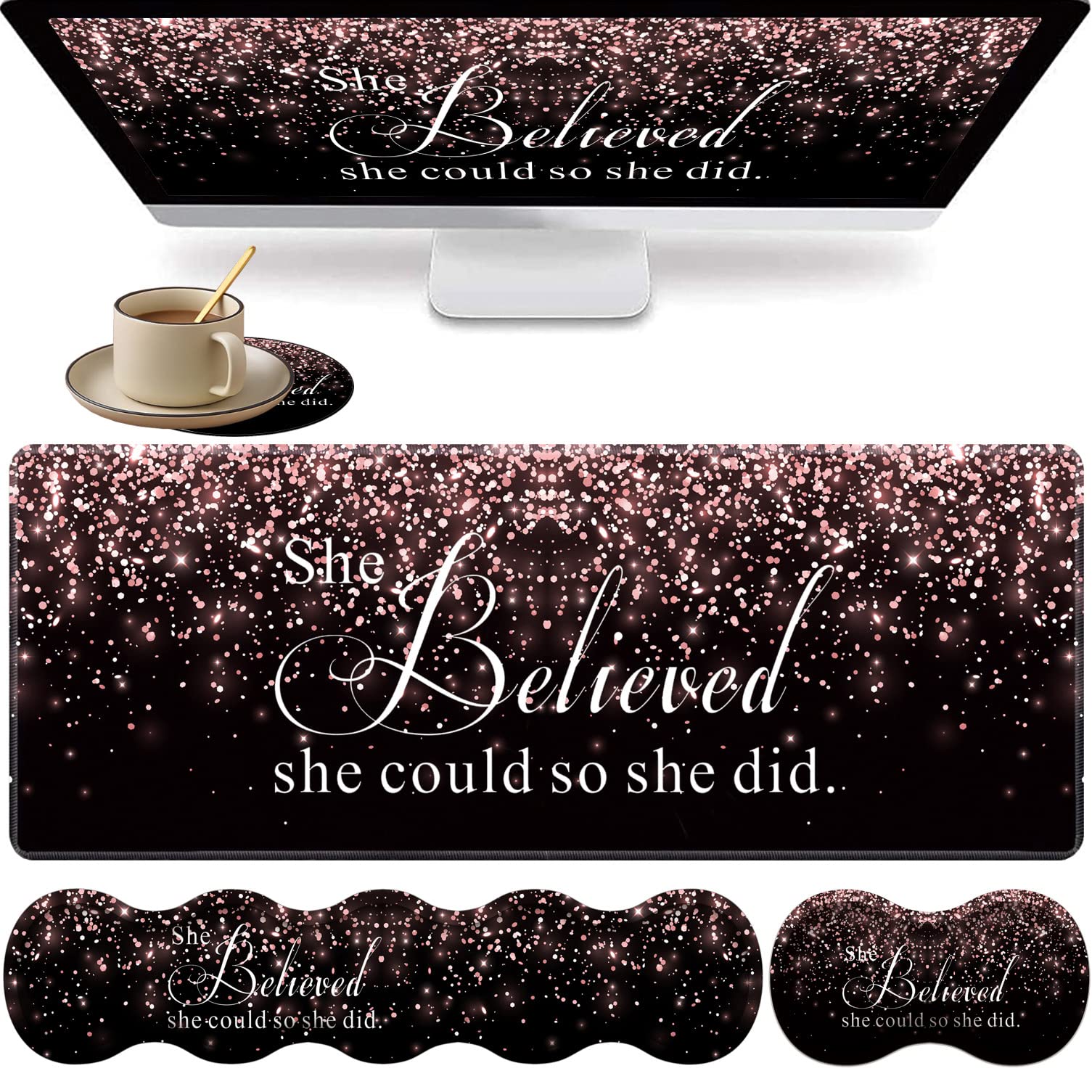 Large Gaming Mouse Pad, Keyboard Wrist Rest + Mouse Wrist Pad + Coaster Combination Set, Memory Sponge Non-Slip Base. Suitable for Office and Home,