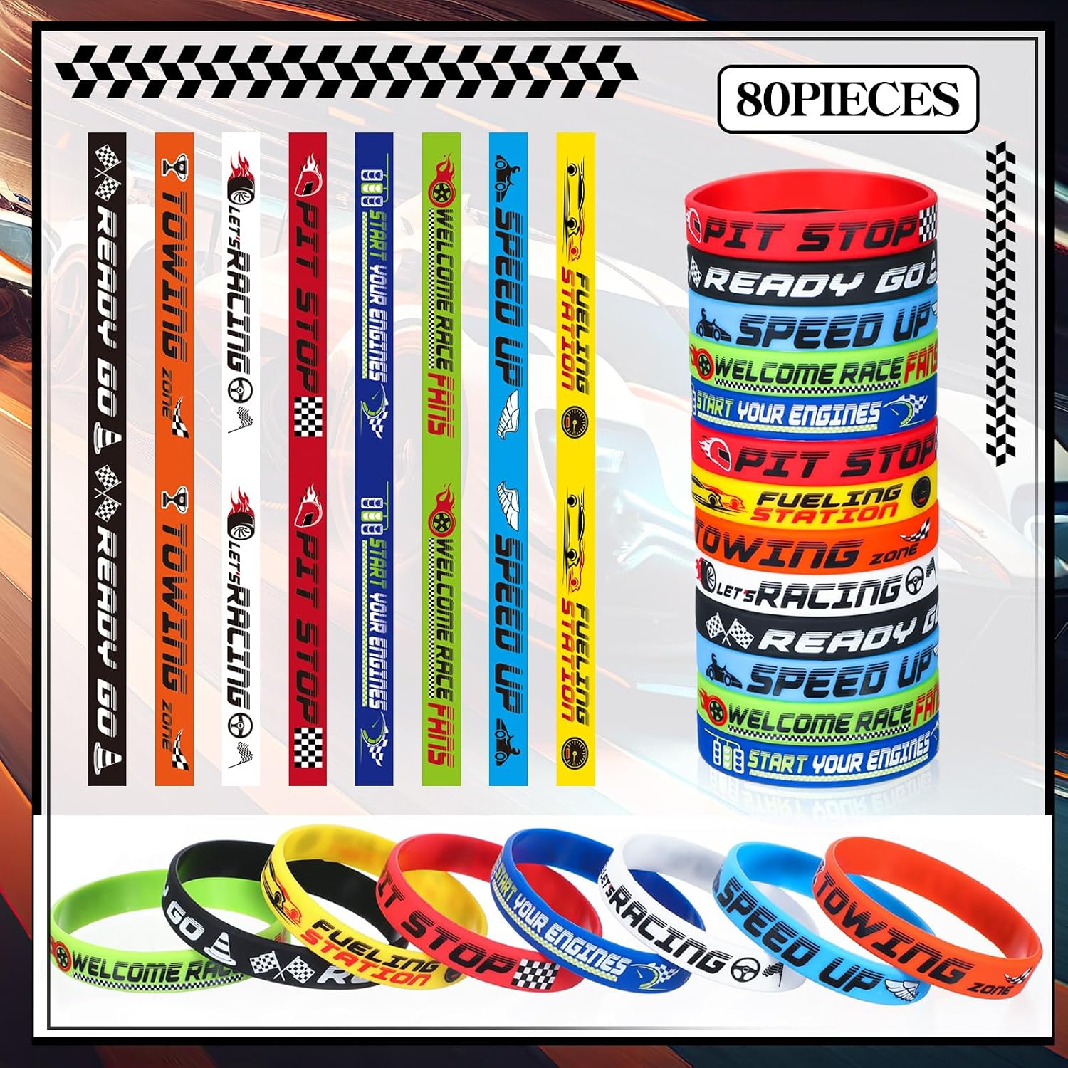 Poen 80 Pcs Race Car Party Bracelets 8 Styles Checkered Racing Party Favors | Race Car Silicone Bracelets Colored Race Car Flag Wristbands Racing Birthday Party Supplies for Racing Dirt Bike Task