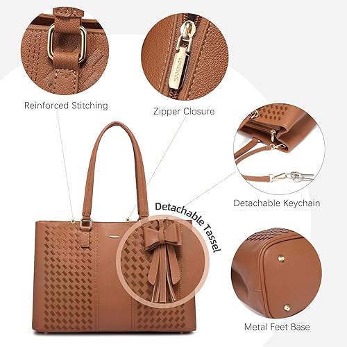 Miniatura 5 de LOVEVOOK Bolsa de mano para computadora portátil para mujer, 15.6 pulgadas, impermeable, de piel sintética, bolsa de trabajo, maletín, color marrón